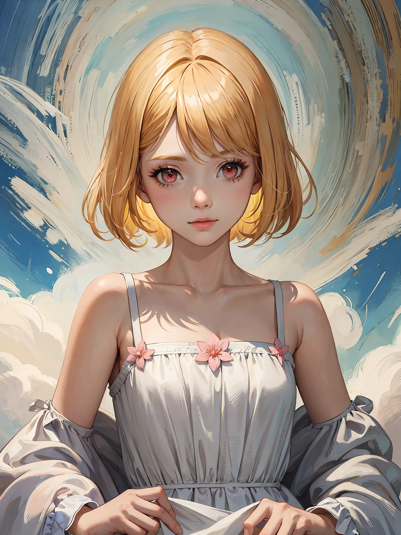 masterpiece, top quality, illustration, (cartoon: 1.4), (painting: 1.2),(white and pink sundress: 1.9), (yellow hair: 1.8), face whitening, big eyes, long lashes, (red eyes: 1.2), beautiful girl, pink sundress, super detailed, beautiful detailed face, masterpiece, red eyes, shining, (beautiful girl 1,5), upper body, bare shoulders, short length, bare shoulderes, , resolution max, super babe, thin paint style, top quality, masterpiece, high saturation, paint, beautiful makeup, (lips close: 1.2),