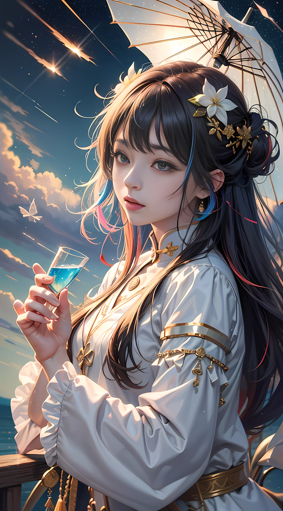 (8k, RAW photo:1.2), best quality, ultra high res,dramatic angle,(fluttered detailed color splashs), (illustration),(((1 girl))),(long hair),(rain:0.9), (头饰:1.4),少女身边有一座古宫,汉服,(重点),彩色水墨画,(泼彩),泼彩,(((colorful))),(素描:0.8) , Masterpiece, best quality, beautiful painted, highly detailed,(denoising:0.6),[splash ink],((ink refraction)), (beautiful detailed sky),moon,highly,detaild,(masterpiece, best quality, extremely detailed） CG unity 8k壁纸，杰作，最好的质量，超详细）