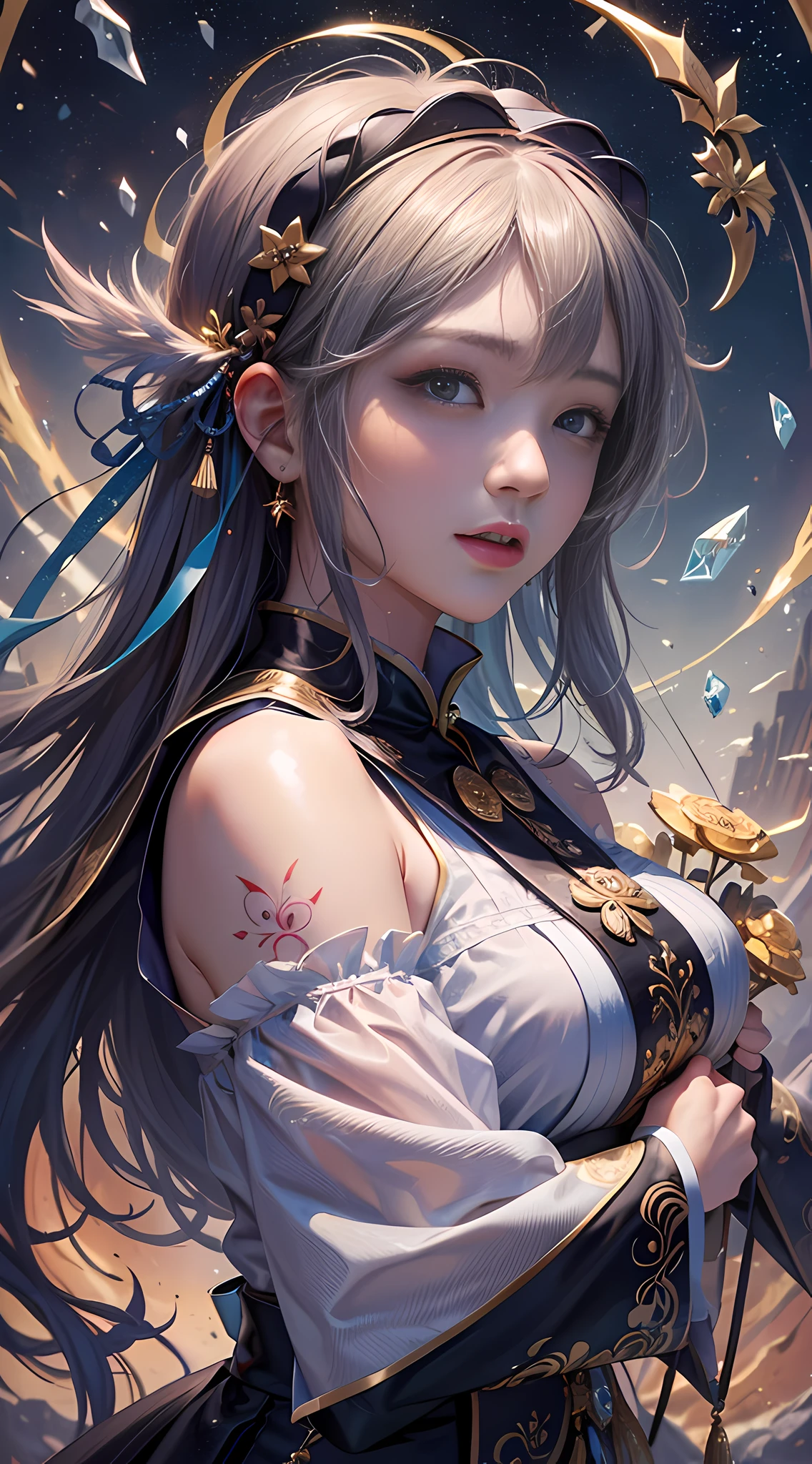 (8k, RAW photo:1.2), best quality, ultra high res,dramatic angle,(fluttered detailed color splashs), (illustration),(((1 girl))),(long hair),(rain:0.9), (头饰:1.4),少女身边有一座古宫,汉服,(重点),彩色水墨画,(泼彩),泼彩,(((colorful))),(素描:0.8) , Masterpiece, best quality, beautiful painted, highly detailed,(denoising:0.6),[splash ink],((ink refraction)), (beautiful detailed sky),moon,highly,detaild,(masterpiece, best quality, extremely detailed） CG unity 8k壁纸，杰作，最好的质量，超详细）