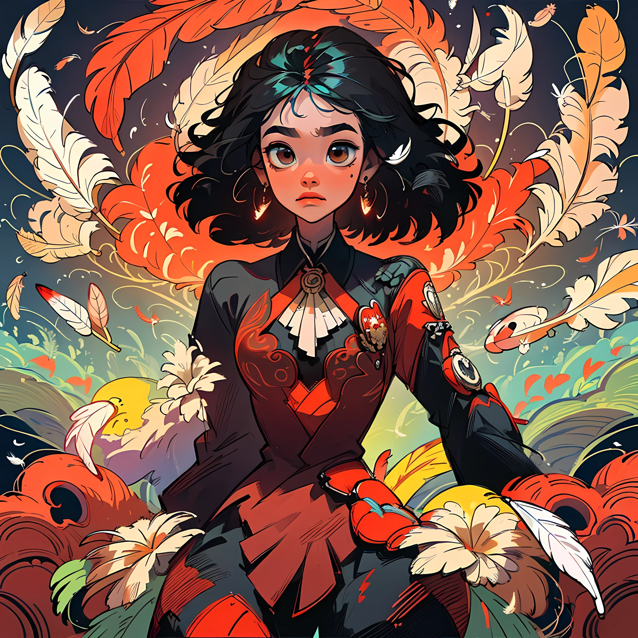 (Masterpiece, Top Quality, Best Quality, Official Art, Beauty and Aesthetics: 1.2), (1girl: 1.3), Very Detailed, (Fractal Art: 1.1), (Black: 1.1) (Flowers: 1.3), Most Detailed, (Zentangle: 1.2), (Dynamic Pose), (Abstract Background: 1.3), (Shiny Skin), (Many Colors: 1.4), ,( earrings), (feathers:1.5), (flamethrowers:1.3), red background, phoenix skirts,