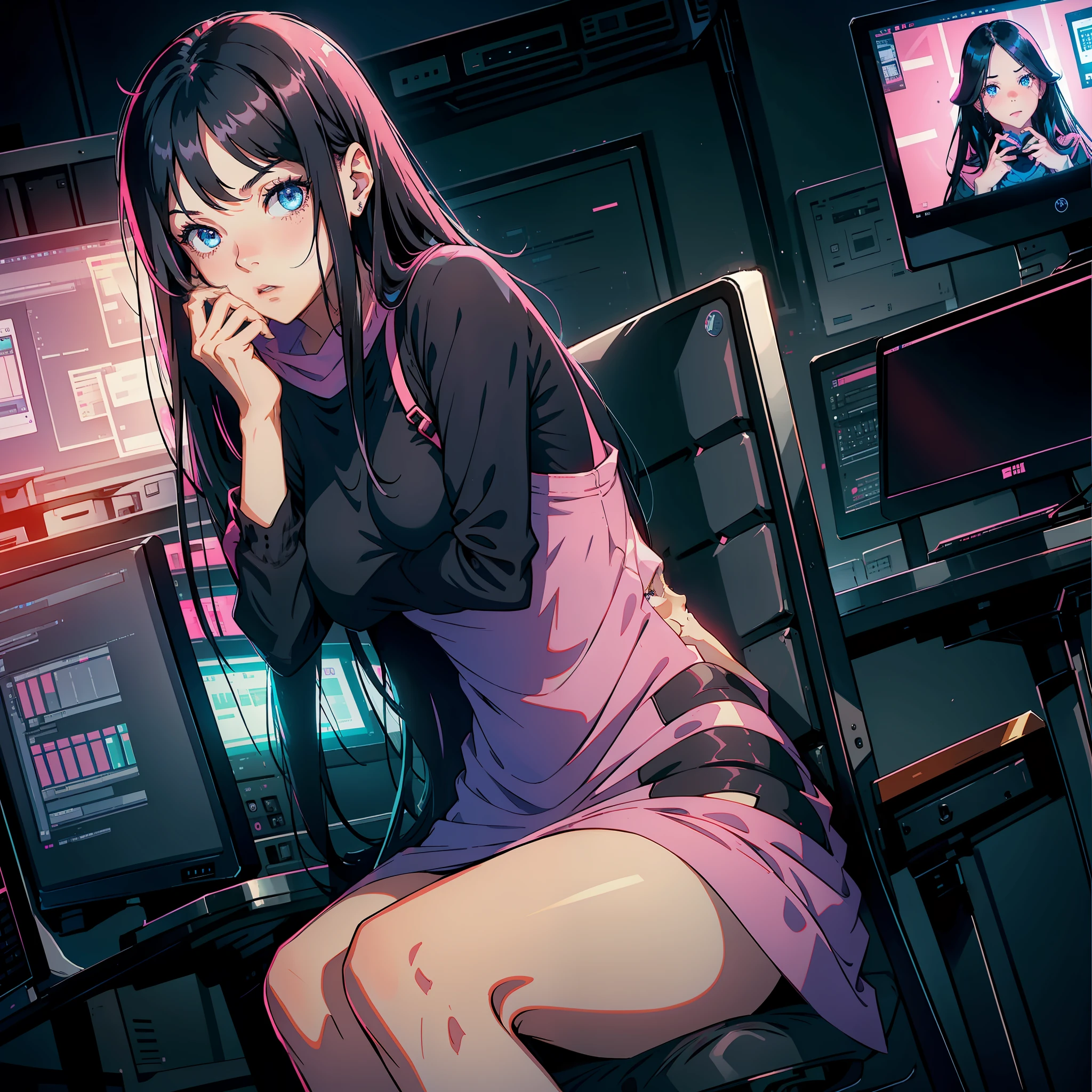 A woman, with long black hair, blue eyes, surprised expression, pink dress, hand covering her mouth, is sitting in front of the computer, looking at the computer monitor, sideways, in the room