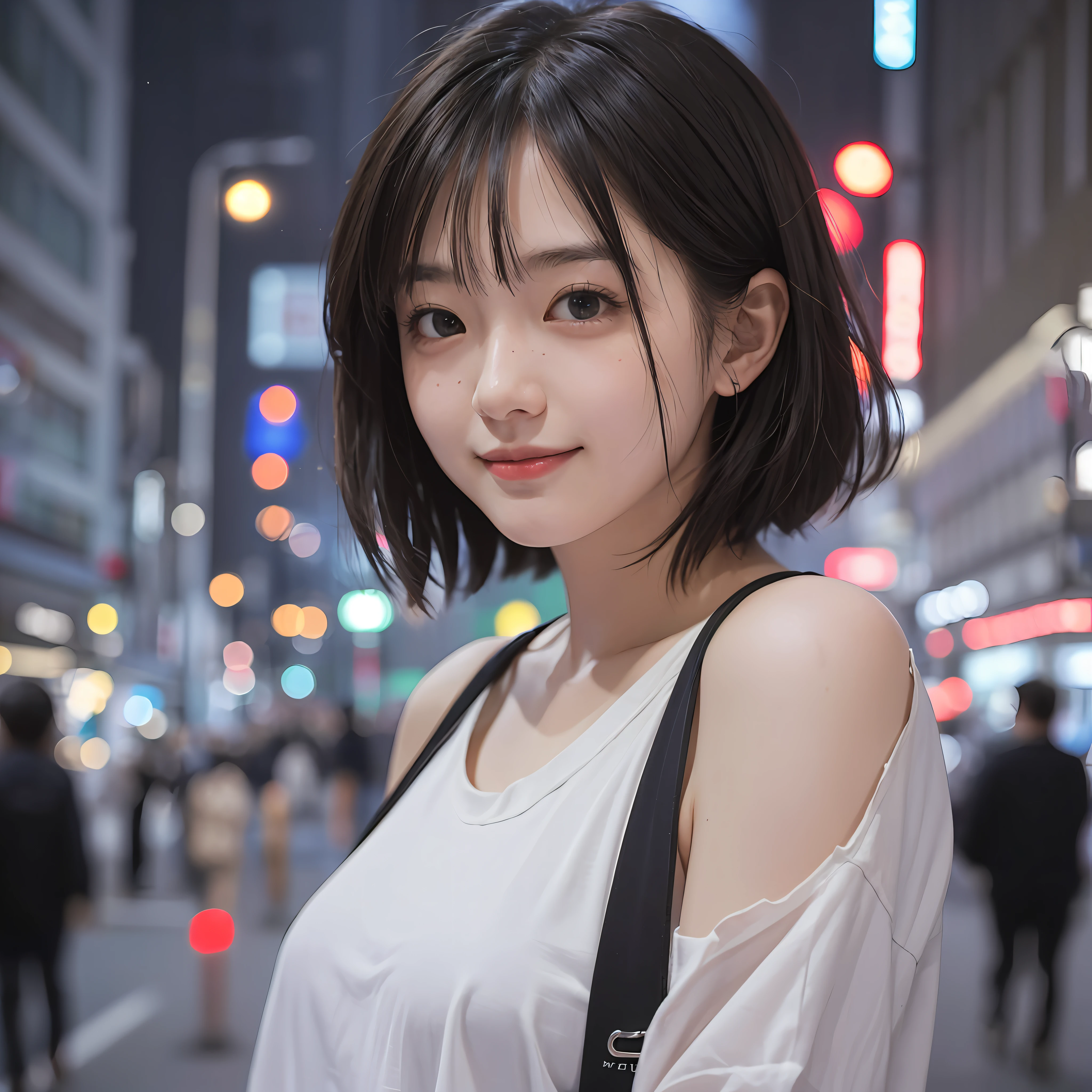 1 girl, Tokyo street, night, cityscape, city lights, upper body, close-up, smile, (8k, RAW photo, highest quality, masterpiece: 1.2), (real, photoreal: 1.37), short hair neat and clean --auto --s2