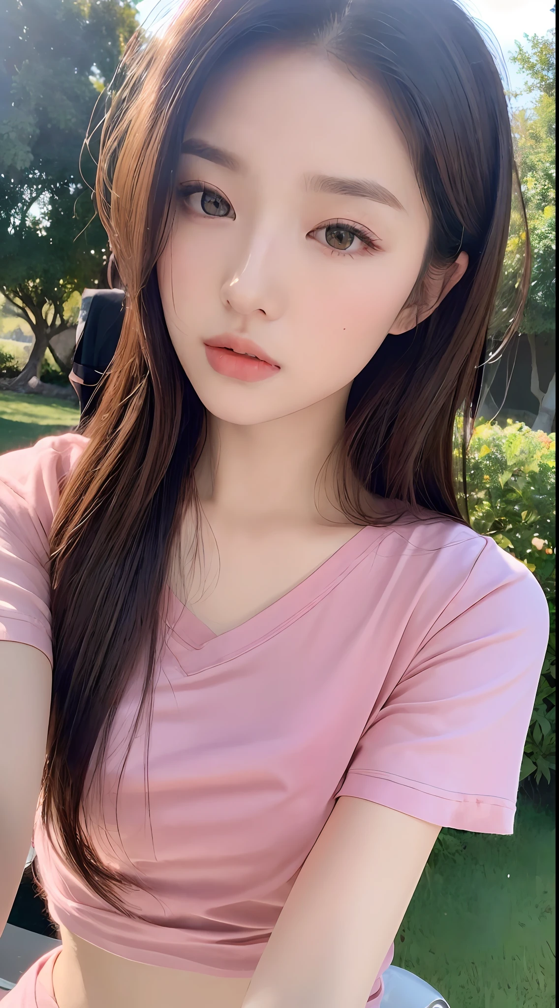 ((Realistic lighting, best quality, 8k, masterpiece: 1.3)), sharp focus: 1.2, 1 girl, beauty with perfect body: 1.4, slender abs: 1.1, ((layered hairstyle)), (pink T-shirt: 1.4), (outdoor: 1.1), ultra-fine face, fine eyes, double eyelids,