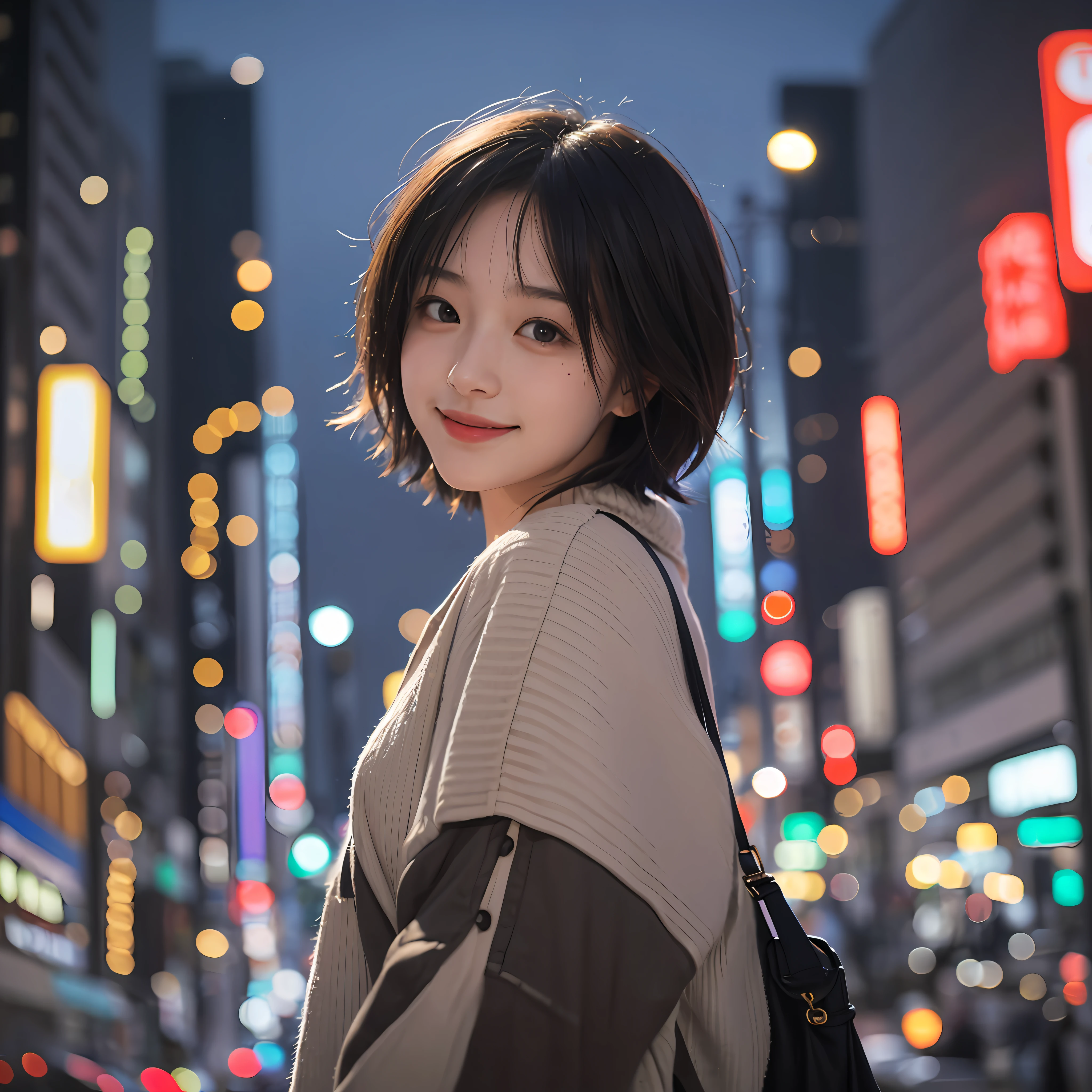 1 girl, Tokyo street, night, cityscape, city lights, upper body, close-up, smile, (8k, RAW photo, highest quality, masterpiece: 1.2), (real, photoreal: 1.37), short hair neat and clean --auto --s2