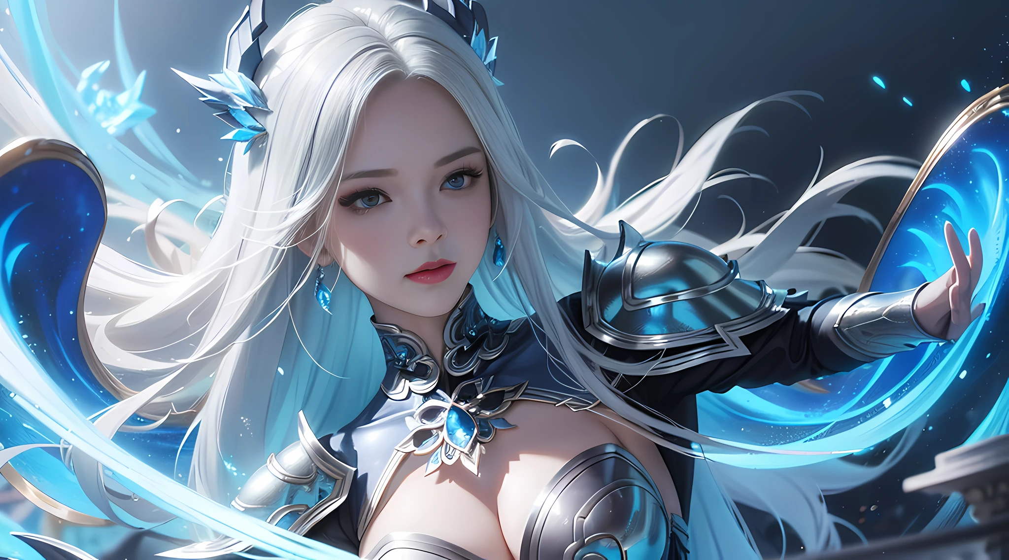a close up of a woman in a silver and blue dress, chengwei pan on artstation, by Yang J, detailed fantasy art, stunning character art, fanart best artstation, epic exquisite character art, beautiful armor, extremely detailed artgerm, detailed digital anime art, artgerm on artstation pixiv, armor girl