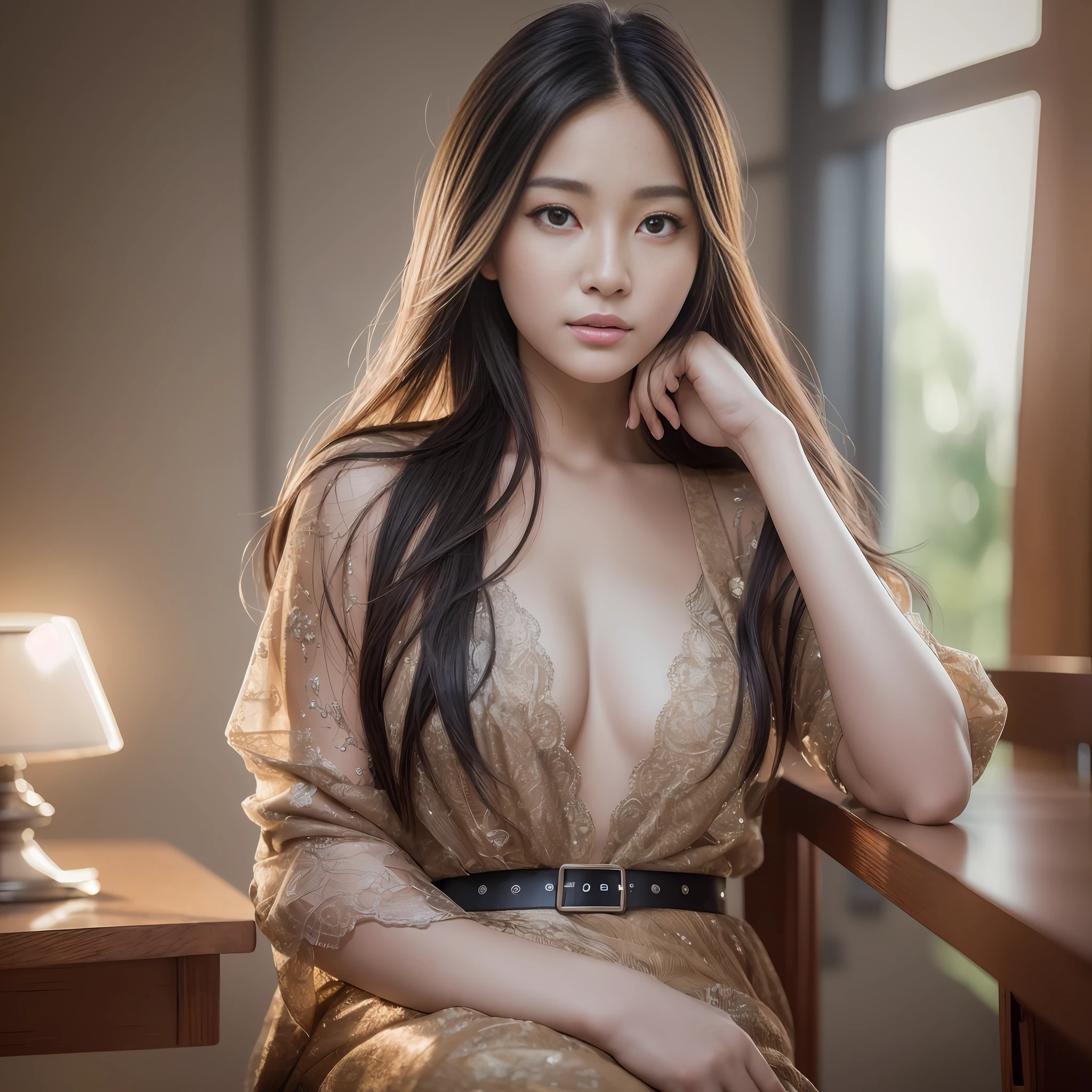 (8k, RAW photo, best quality, mastery:1.2), (realistic, photo-realistic:1.37), ultra-detailed, (high detailed skin:1.2), 8k uhd, dslr, soft light, high quality, film grain, professional lighting, photon mapping, radiosity, 1 beautiful Korean actress, long brunette hair, Sitting in a chair in classroom, perfect face, concept art, detailed face and body, award winning photography, detailed face, backlight, hyper-realistic, ray tracing, intense gaze, looking at the audience, movie lights, raw photos, 8k uhd, film grain, --auto --s2