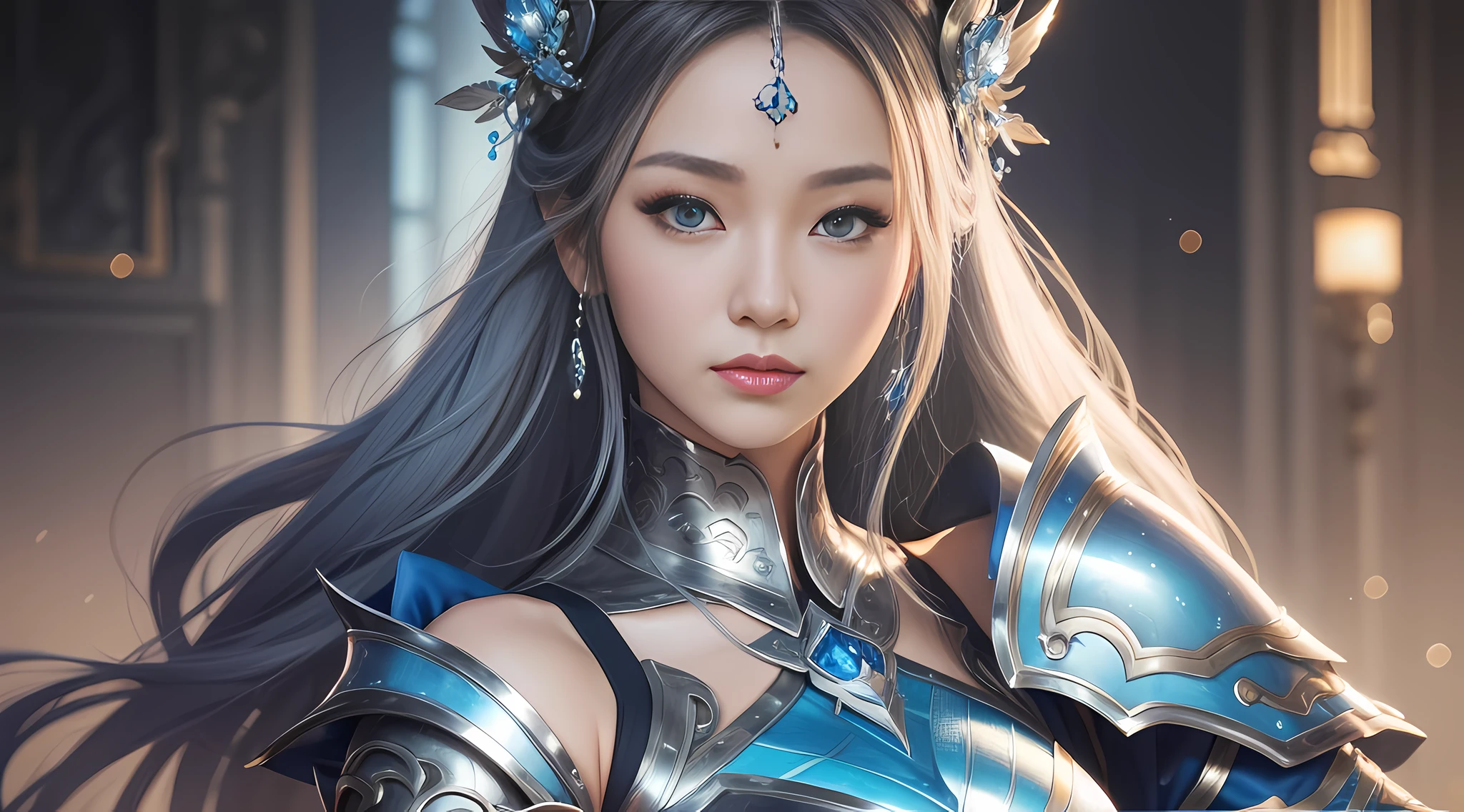 a close up of a woman in a silver and blue dress, chengwei pan on artstation, by Yang J, detailed fantasy art, stunning character art, fanart best artstation, epic exquisite character art, beautiful armor, extremely detailed artgerm, detailed digital anime art, artgerm on artstation pixiv, armor girl