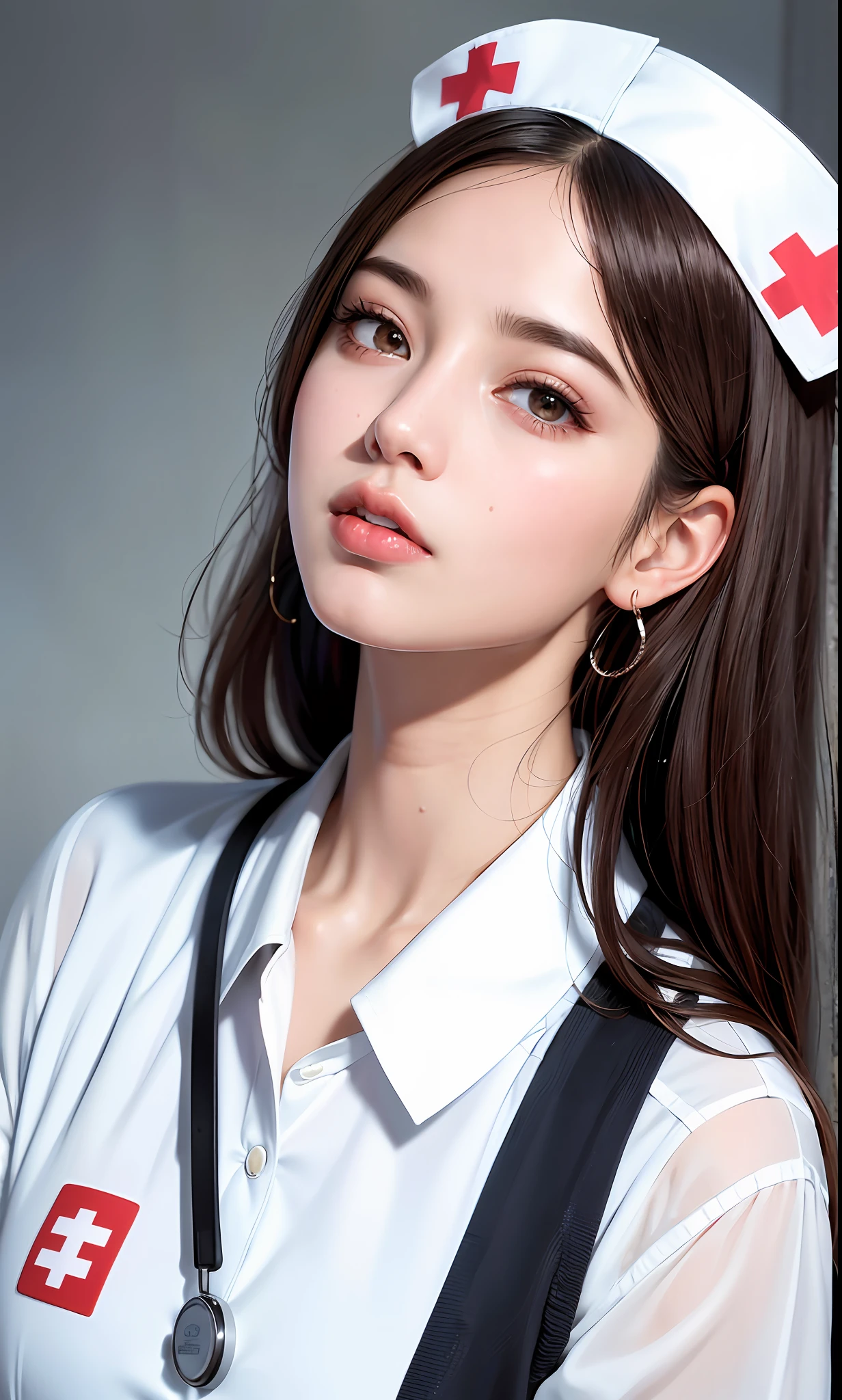 (8k, RAW Photo, Photorealistic: 1.25), (Lip Gloss, Eyelashes, Glossy Face, Glossy Skin, Best Quality, Ultra High Resolution, Depth of Field, Chromatic Aberration, Caustics, Wide Lighting, Natural Shading, Kpop Idol) The viewer looks calm and goddess-like euphoria, brown hair, clothes see-through, shiny lips, liquid on it, bust up, Nurse Uniform
