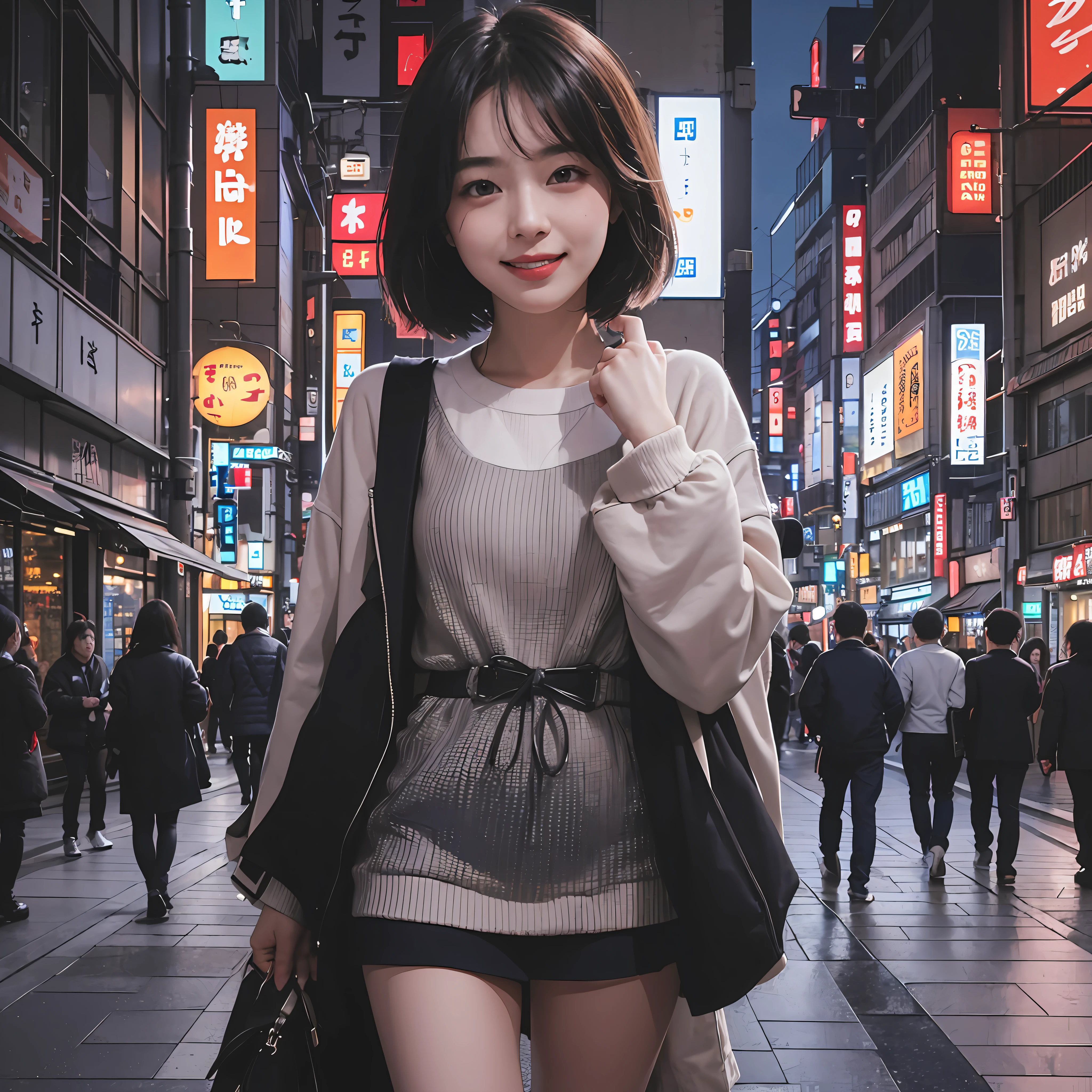 1 girl, Tokyo street, night, cityscape, city lights, upper body, close-up, smile, (8k, RAW photo, highest quality, masterpiece: 1.2), (real, photoreal: 1.37), short hair neat and clean --auto --s2