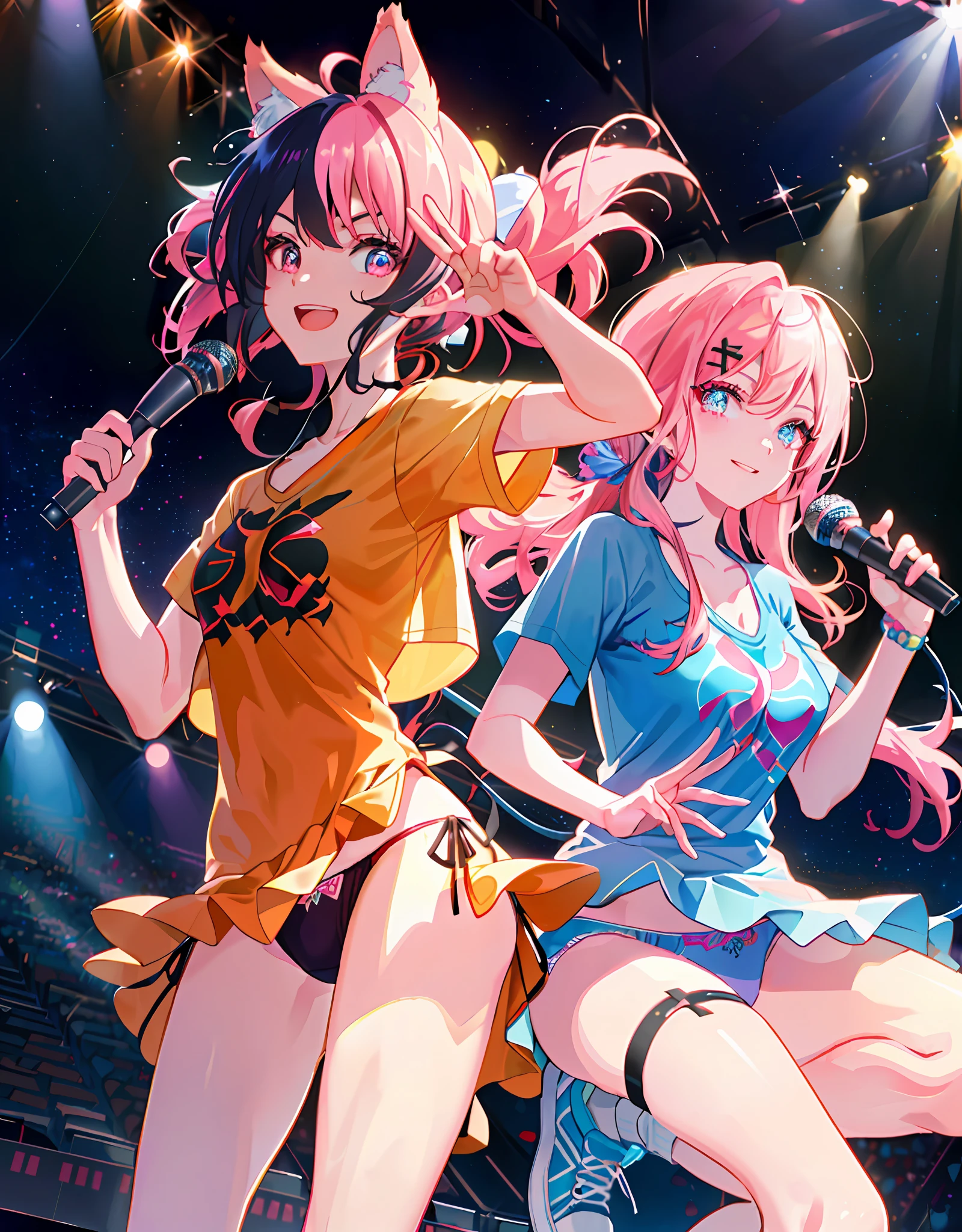 Dynamic Angle, ((((Detailed eyes and detailed face: 1.2)))))), (((Perfect human hand, super detailed human 5 fingers)))), ((Perfect human foot)), Upper body, 1 or 2 girls, Smile, Wolf ears, Wolf tail, Pink eyes, Hair between eyes, (Wink)))), D Cup, cleavage, Striped hair, (Colorful hair color: 1)))))), (( Random hair color: 1))), variegated hairstyles: 1, twin tails, ultra-detailed gradient hair, (((T-shirt with the kagenari logo))), professional designer, fashion leader, ruffled dress, sneakers, love live, jewelry, backstage, best stage, climax, professional stage, ((holding the microphone with your left hand and singing emotionally, Overflowing emotions, the best smile))), singers, vocalists: 1, idols, divas, professional stage, professional lighting, live lighting, distracting, fan service: 1, ((satellite photo seen from the audience)))), ((((Panchira, cute panties))))