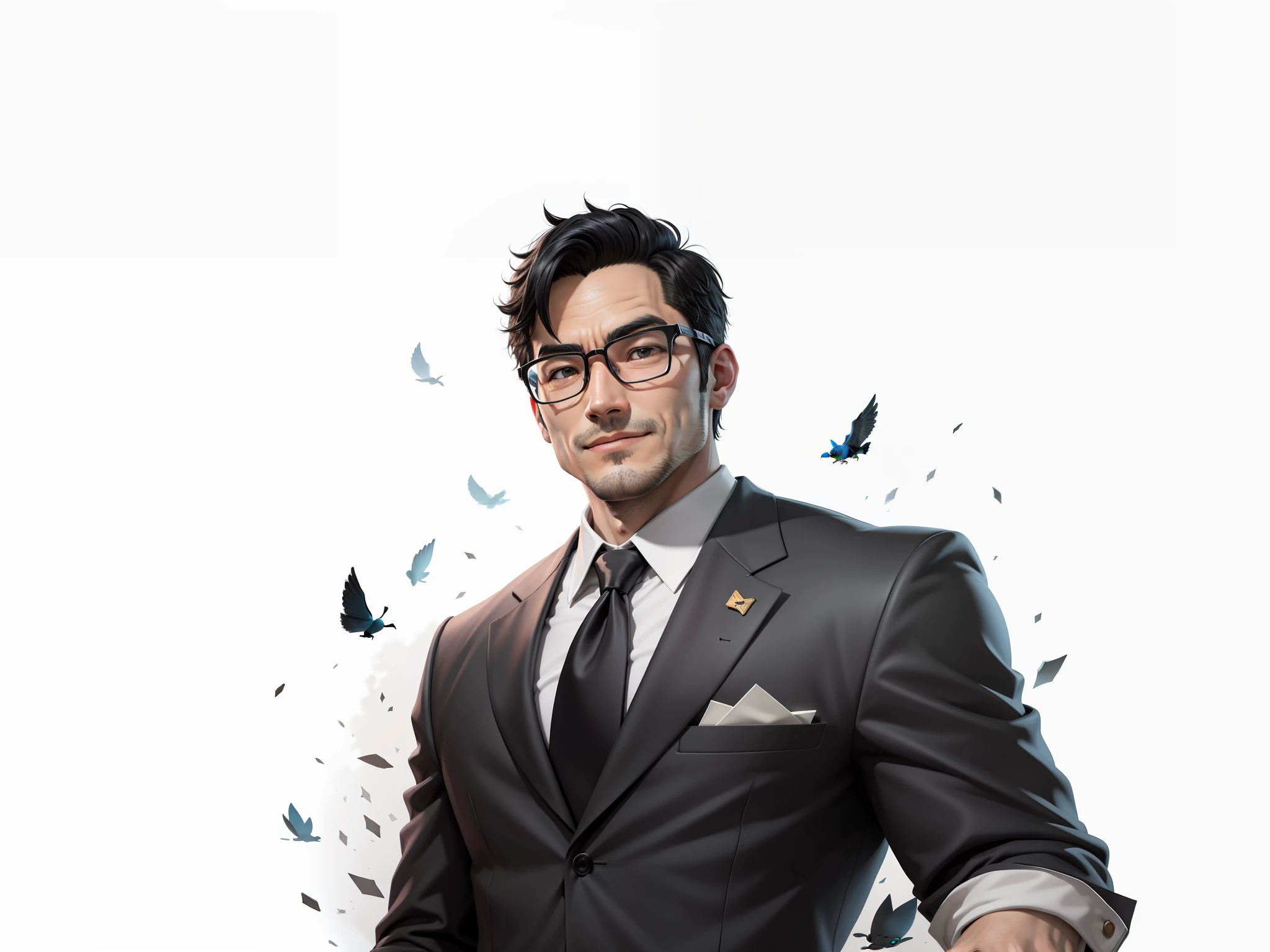 Super young, Japanese suit man, 35 years old, silver glasses, slightly chubby face, clean face, no beard on chin, black super short hair, black eyes, black suit, blue tie, confident smile, digital painting, film, 3D character design by Mark Claireden and Pixar and Hayao Miyazaki, the illustration is a high-definition illustration in 4K resolution with very detailed facial features and cartoon-style visuals.