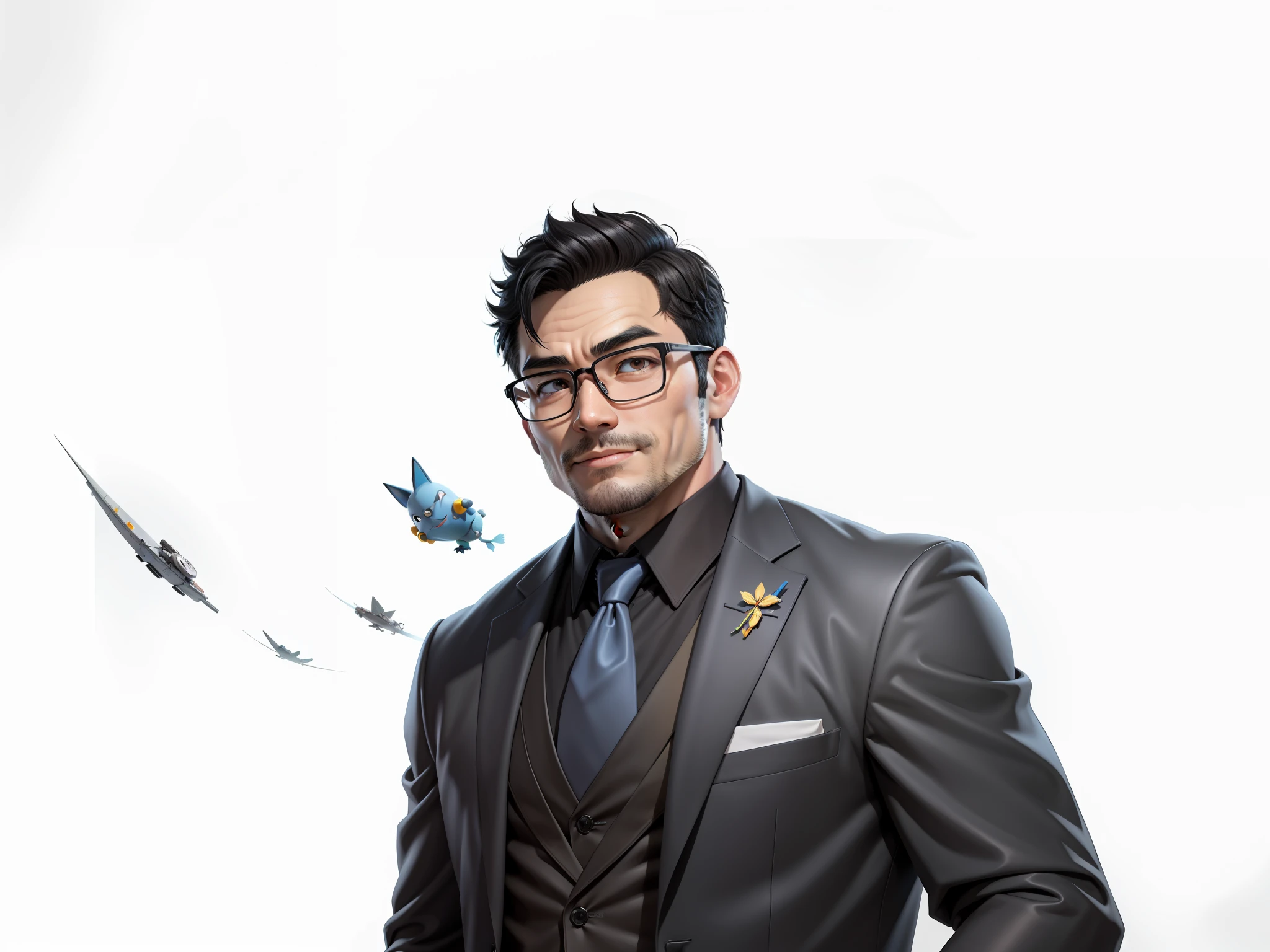 Super young, Japanese suit man, 35 years old, silver glasses, slightly chubby face, clean face, no beard on chin, black super short hair, black eyes, black suit, blue tie, confident smile, digital painting, film, 3D character design by Mark Claireden and Pixar and Hayao Miyazaki, the illustration is a high-definition illustration in 4K resolution with very detailed facial features and cartoon-style visuals.