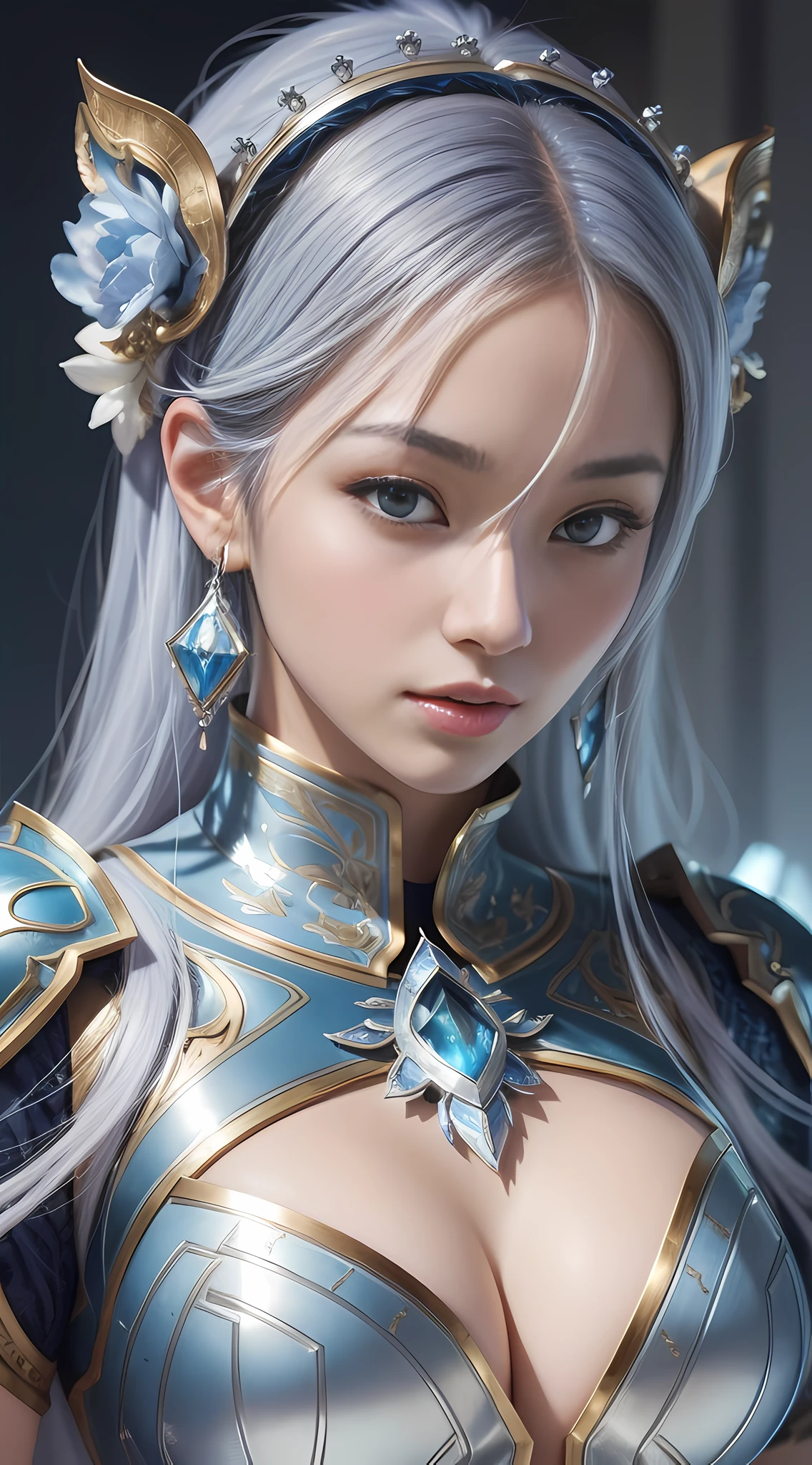 a close up of a woman in a silver and blue dress, chengwei pan on artstation, by Yang J, detailed fantasy art, stunning character art, fanart best artstation, epic exquisite character art, beautiful armor, extremely detailed artgerm, detailed digital anime art, artgerm on artstation pixiv, armor girl