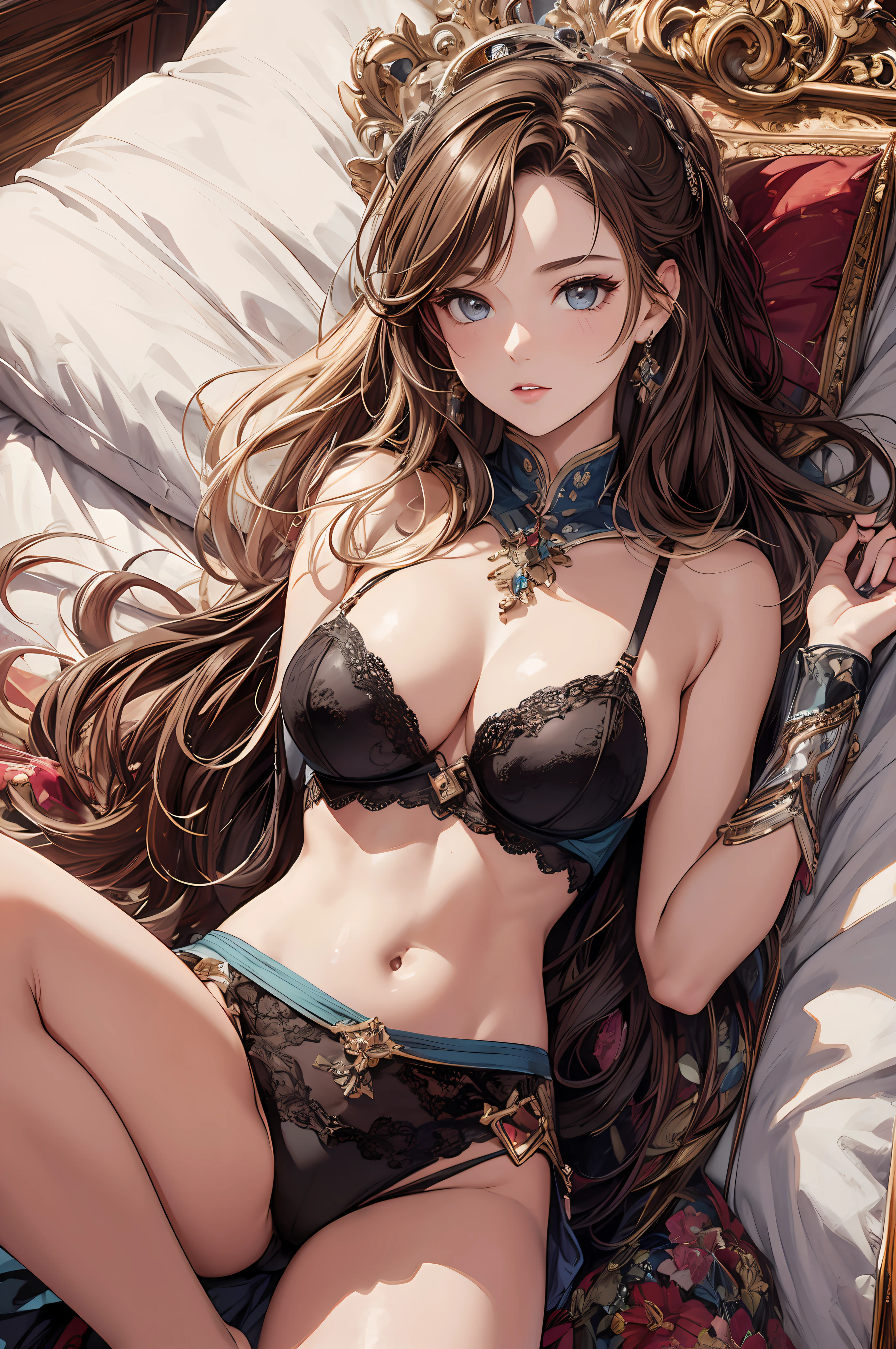 ((Top Quality, 8k, Masterpiece: 1.3)), Beauty, 1 Girl, Big: 1.3, Slender Abs: 1.1, Dark Brown Hair, (Lying in Bed, Open Legs: 1.2), Ultra Detailed Face, Highly Detailed Lips, Detailed Eyes, Double Eyelids, Bra Red