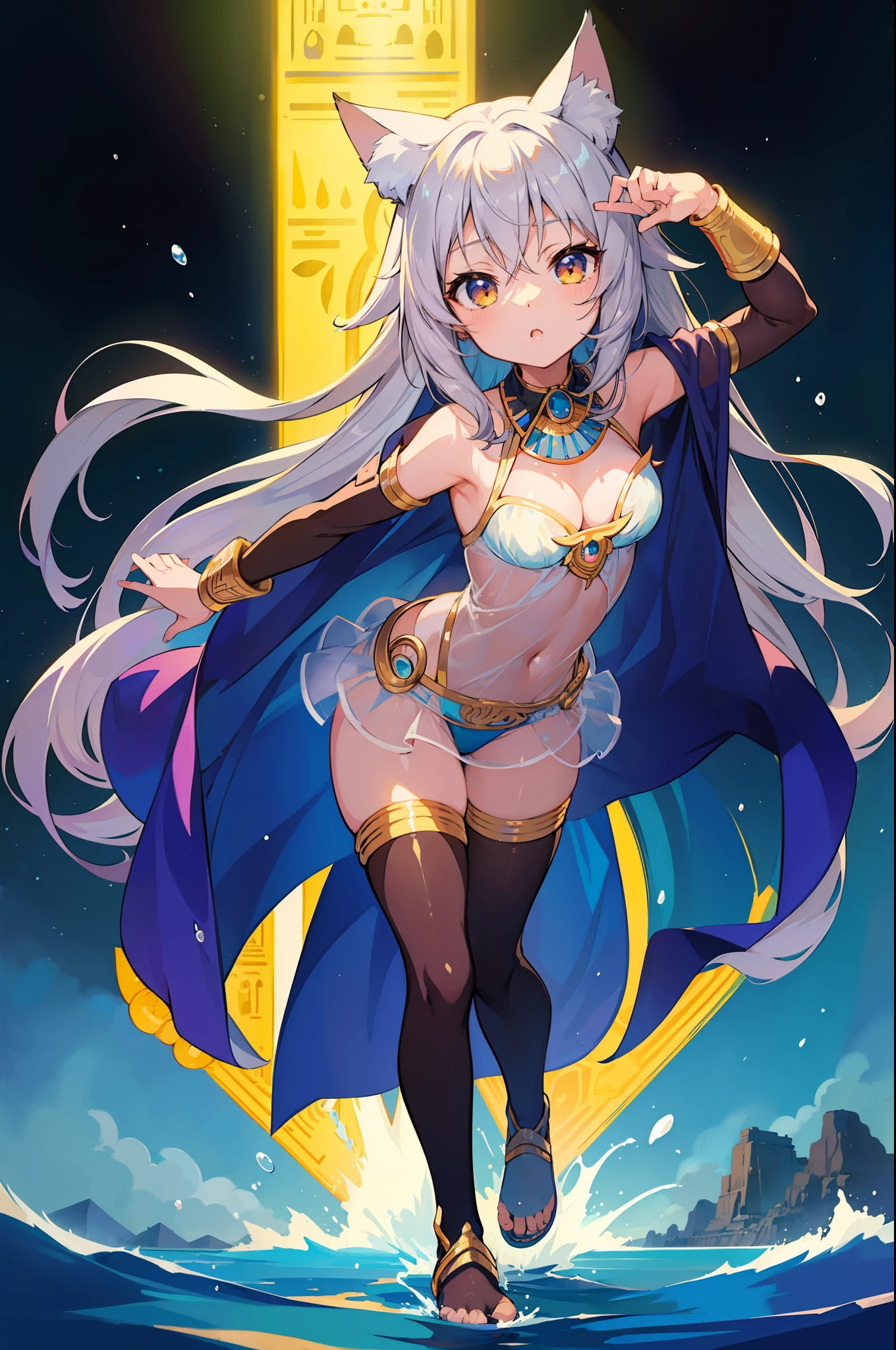 (Masterpiece), (Top Quality Anime Illustration), (Super Definition), One Girl, Solo, Silver-haired Beautiful Girl, Anime Loli, Cat Ear Loli, Petite, Cleavage Emphasis, Thigh Emphasis, Bastet God Costume, See-through, Underbub, Egyptian Mythology, Water