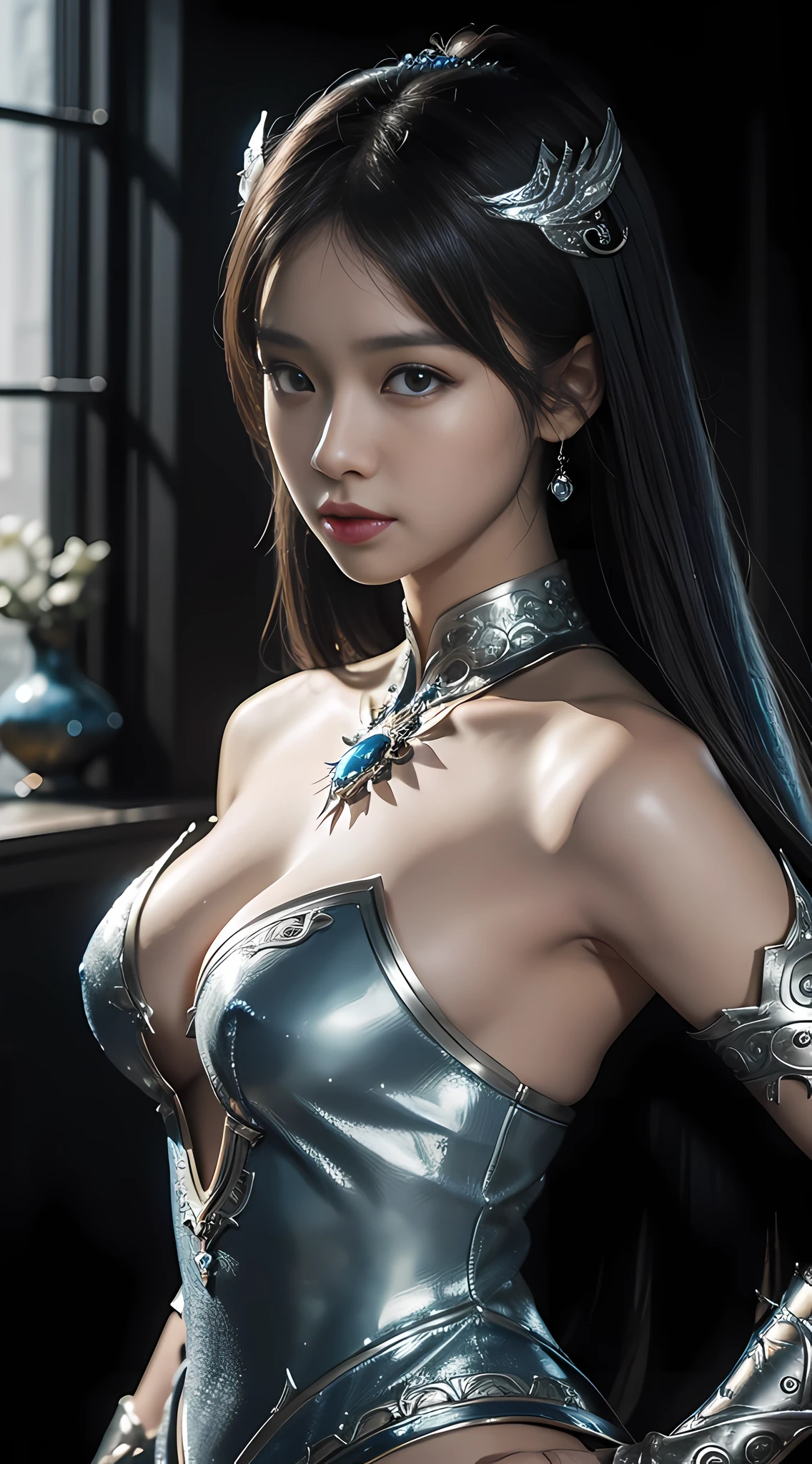 a close up of a woman in a silver and blue dress, chengwei pan on artstation, by Yang J, detailed fantasy art, stunning character art, fanart best artstation, epic exquisite character art, beautiful armor, extremely detailed artgerm, detailed digital anime art, artgerm on artstation pixiv, armor girl