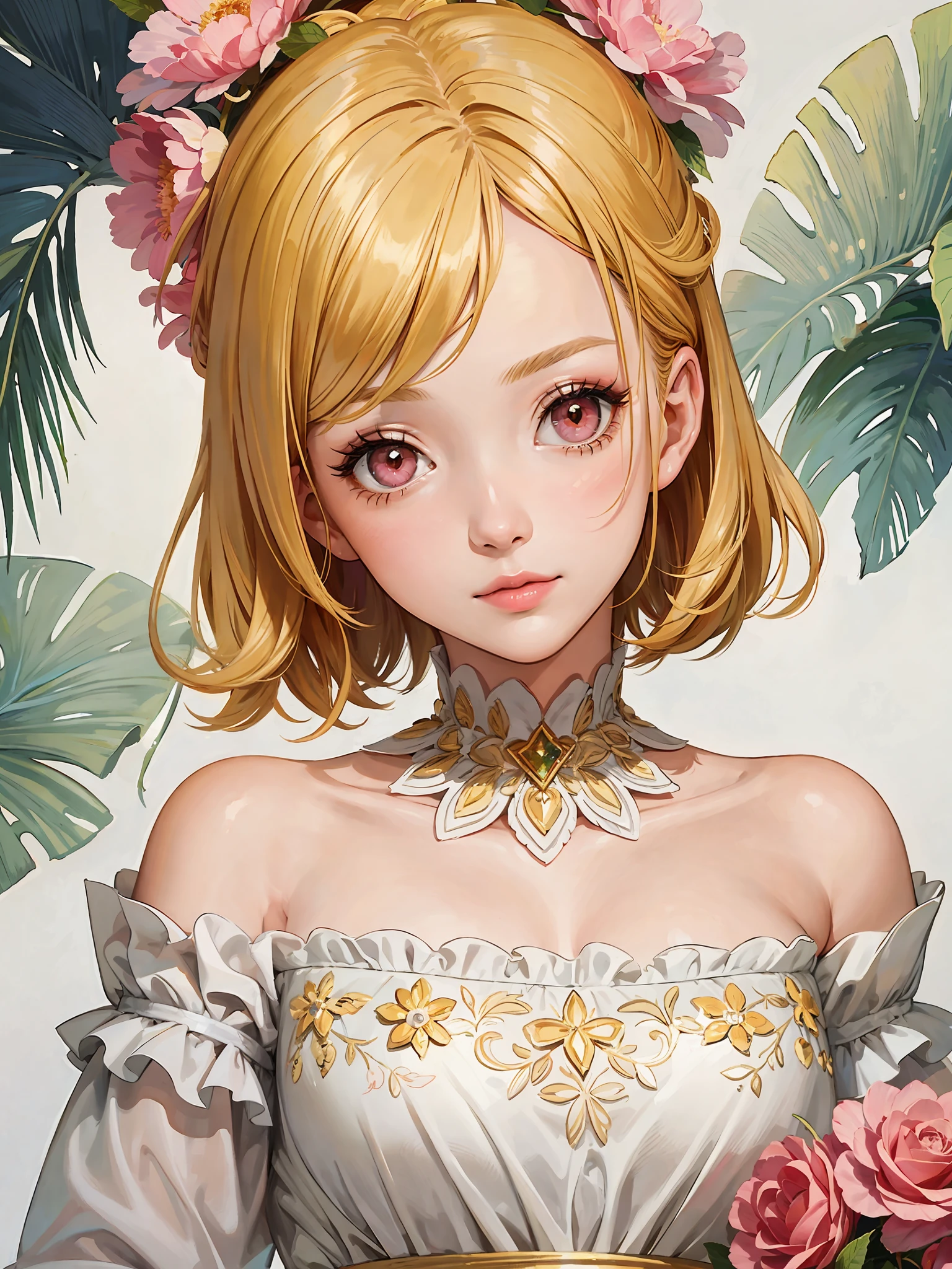 masterpiece, top quality, illustration, (cartoon: 1.4), (painting: 1.2),(white and pink sundress: 1.9), (yellow hair: 1.8), face whitening, big eyes, long lashes, (red eyes: 1.2), beautiful girl, pink sundress, super detailed, beautiful detailed face, masterpiece, red eyes, shining, (beautiful girl 1,5), upper body, bare shoulders, short length, bare shoulderes, 13 years old, resolution max, super babe, thin paint style, top quality, masterpiece, high saturation, paint, beautiful makeup, (lips close: 1.2),