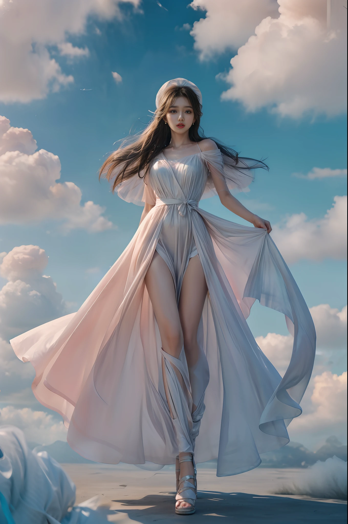 (8k, RAW photo, photorealistic:1.25), ( lip gloss, eyelashes, glossy side, shiny skin, best quality, ultra high resolution, depth of field, chromatic aberration, caustics, wide light, natural shadows, headwear, Kpop idol), (dreamy and romantic compositions: 1.5), light pink style, 1girl, (sky witch: 1.5), tall and thin beauty goddess, flowing dress, conservative girl, cloud goddess, flowing realistic fabric, wearing flowing dress, realistic, blue sky in background, (wind: 1.5), (full body: 1.5), add_detail,