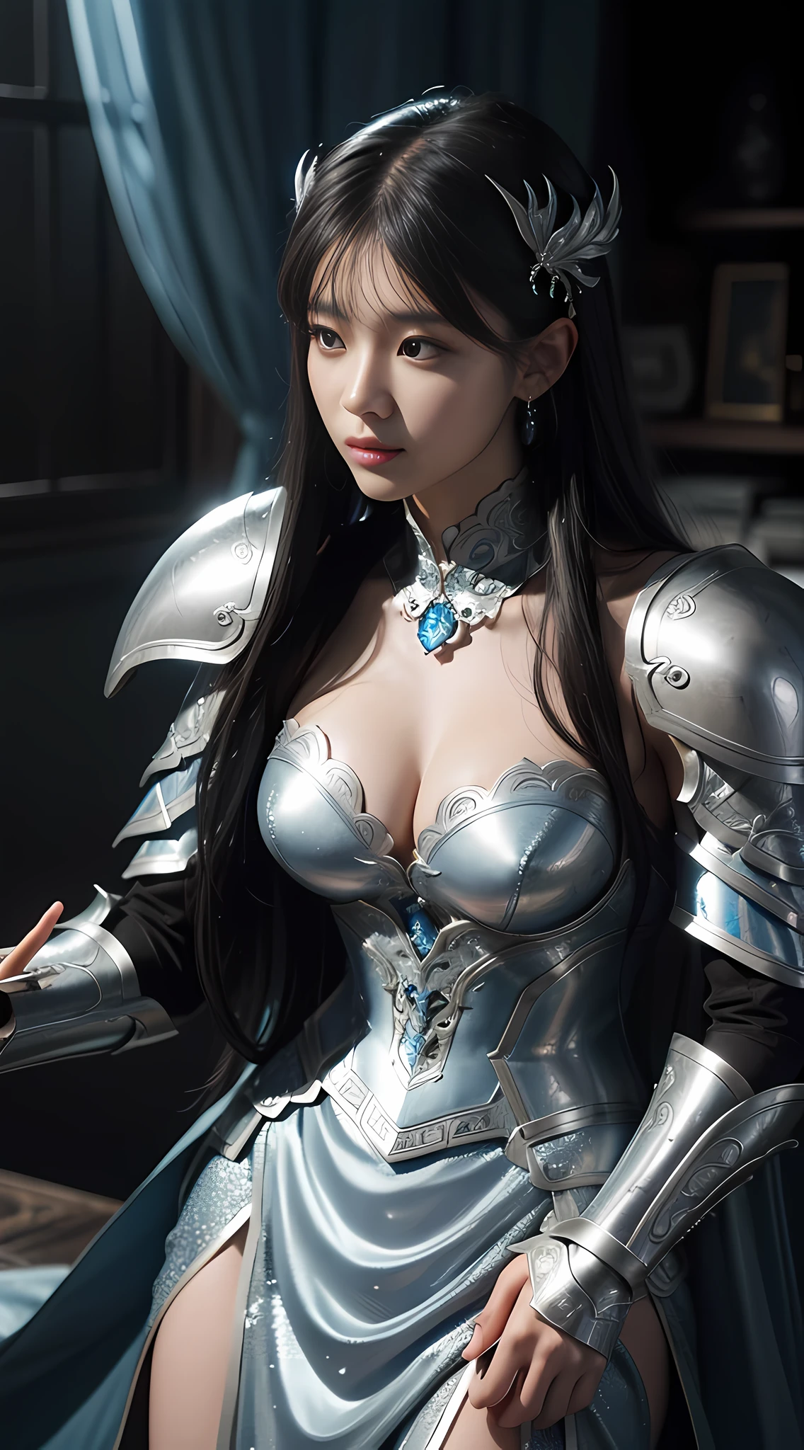 a close up of a woman in a silver and blue dress, chengwei pan on artstation, by Yang J, detailed fantasy art, stunning character art, fanart best artstation, epic exquisite character art, beautiful armor, extremely detailed artgerm, detailed digital anime art, artgerm on artstation pixiv, armor girl