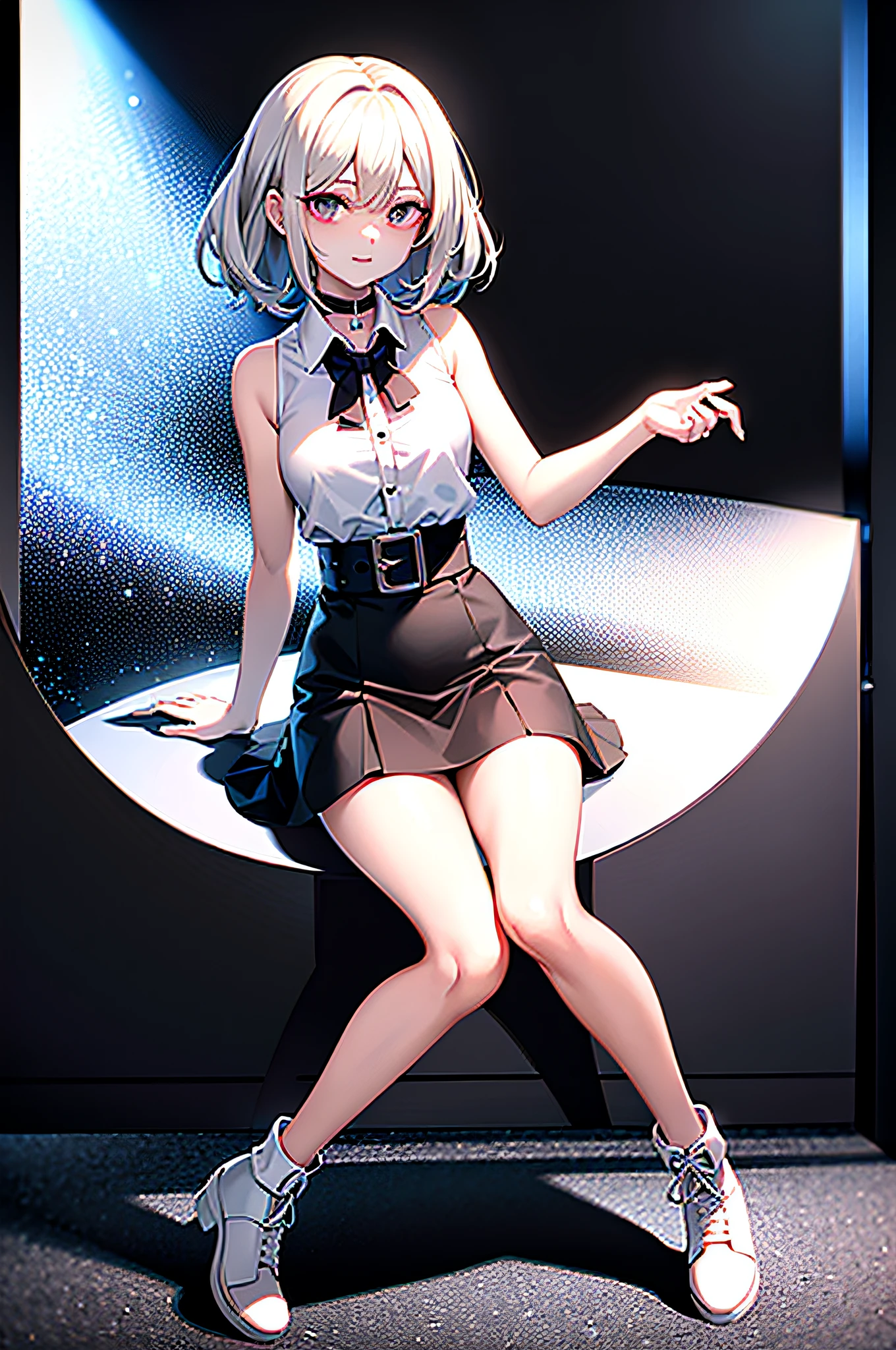 best quality, ultra high res, 1girl, sleeveless white button shirt, black skirt, black choker, cute, (Kpop idol), (aegyo sal:1), (platinum blonde hair:1), ((puffy eyes)), looking at viewer, full body, facing front