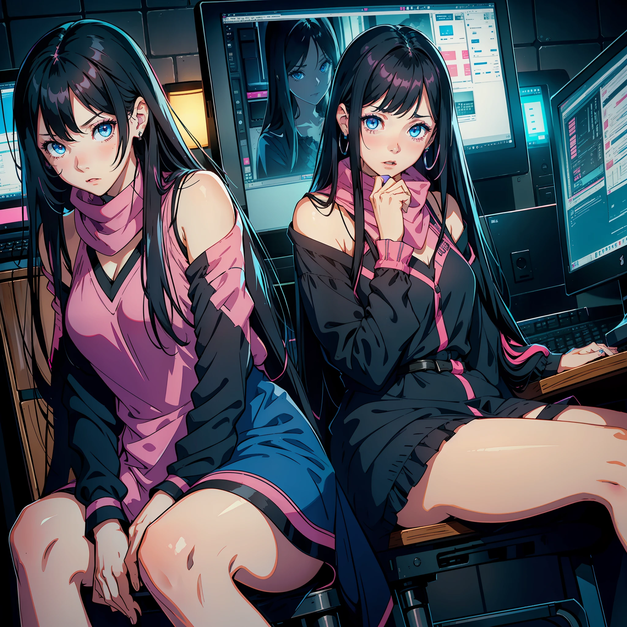 A woman, with long black hair, blue eyes, surprised expression, pink dress, hand covering her mouth, is sitting in front of the computer, looking at the computer monitor, sideways, in the room