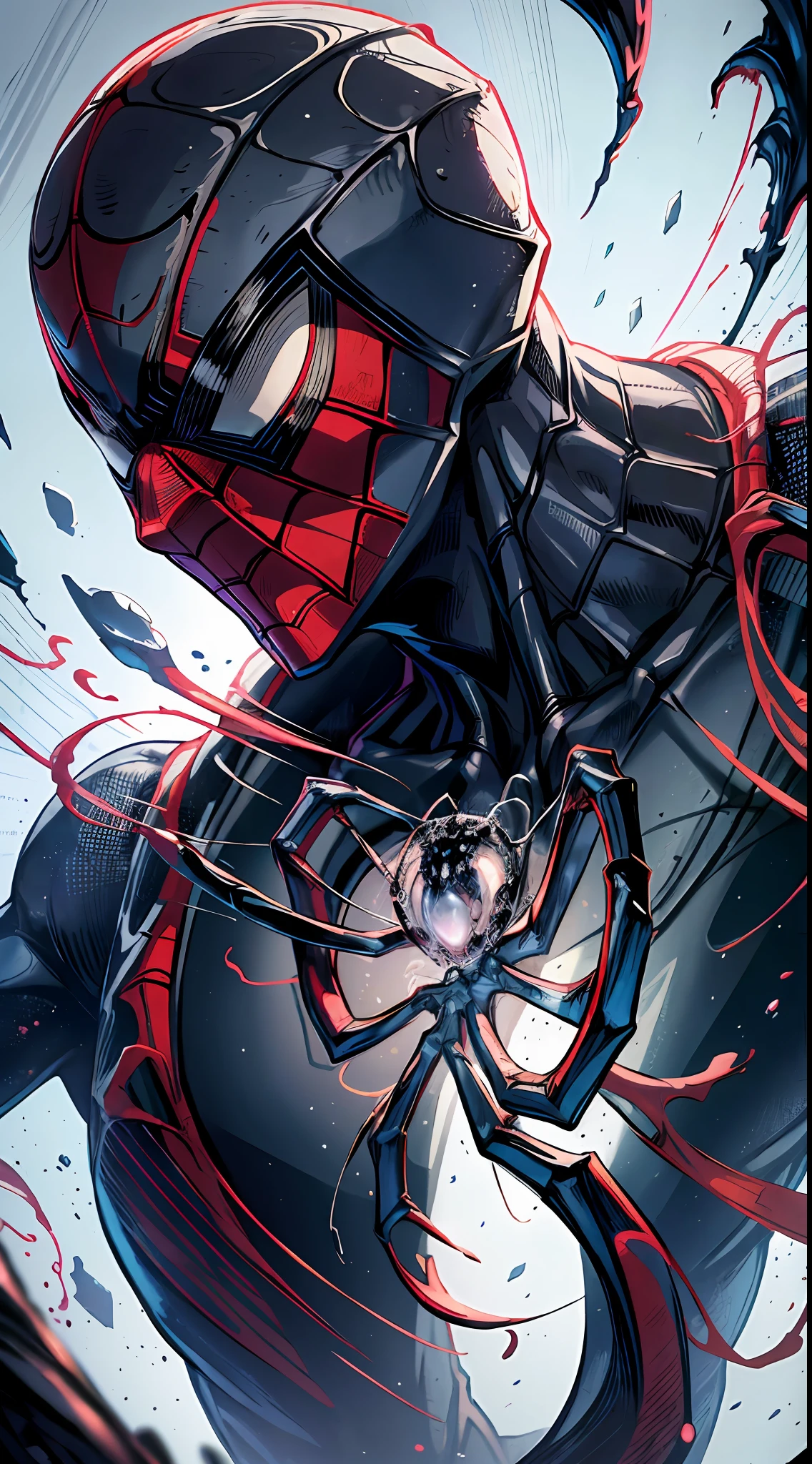 spider man in a black suit with spider in the center of his chest in white, organic looking clothing, gooey testura, symbiote, white eyes, fine art, cinematic scene, highly detailed detailed cinematic rendering, ultra photorealistic raytricing, with cinematic lighting