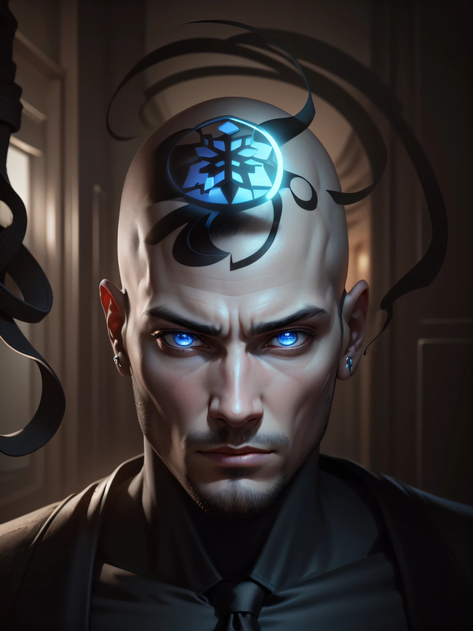 a closeup of a bald 21-year-old man with a black shirt and tie, male humanoid portrait, highly detailed head, realistic face and hybrid body, detailed humanoid, extremely detailed face and body, detailed bright head, detailed face of an android, unreal motor blue face, realistically proportioned head, face is highly detailed, with very detailed face, humanoid face --auto --s2