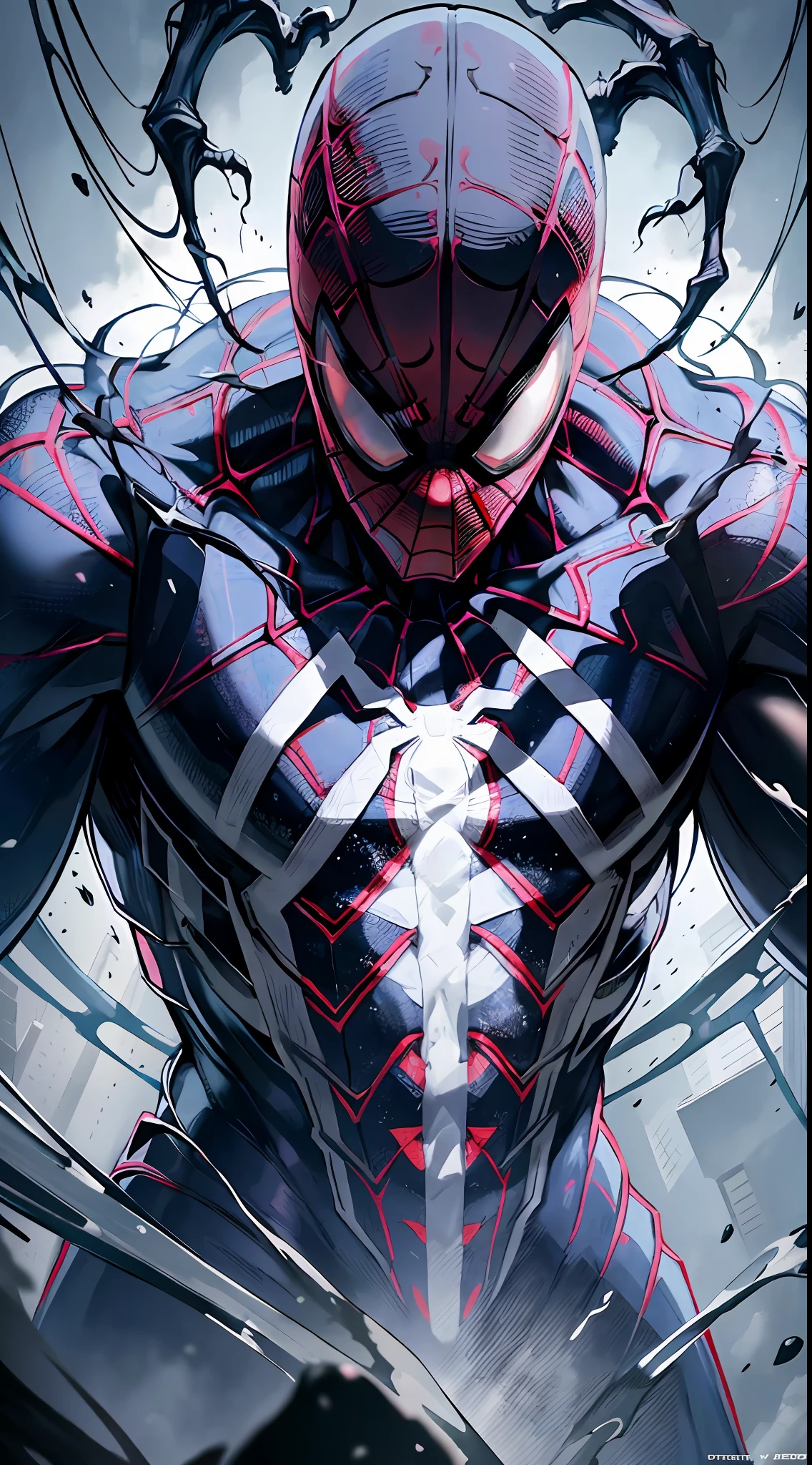 spider man in a black suit with spider in the center of his chest in white, organic looking clothing, gooey testura, symbiote, white eyes, fine art, cinematic scene, highly detailed detailed cinematic rendering, ultra photorealistic raytricing, with cinematic lighting