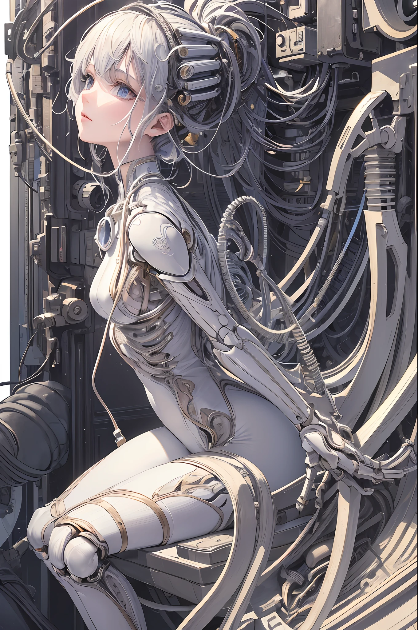 (((masterpiece))), (((best quality))), ((ultra-detailed)), (highly detailed CG illustration), ((an extremely delicate and beautiful)),(from side),cinematic light,((1mechanical girl)),solo,full body,(machine made joints:1.2),((machanical limbs)),(blood vessels connected to tubes),(mechanical vertebra attaching to back),((mechanical cervial attaching to neck)),(sitting),expressionless,(wires and cables attaching to neck:1.2),(wires and cables on head:1.2)(character focus),science fiction,white background, extreme detailed,colorful,highest detailed