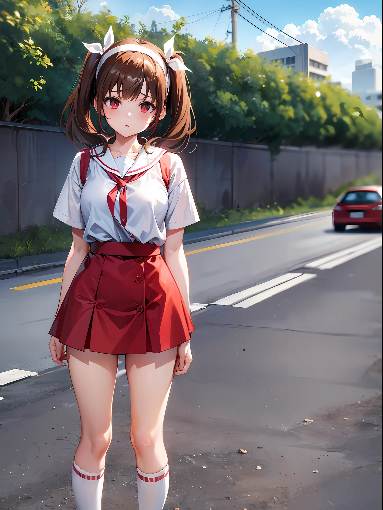 Brown hair twintails, light blue headband, white shirt, red one-piece miniskirt, white socks, red shoes, outdoors