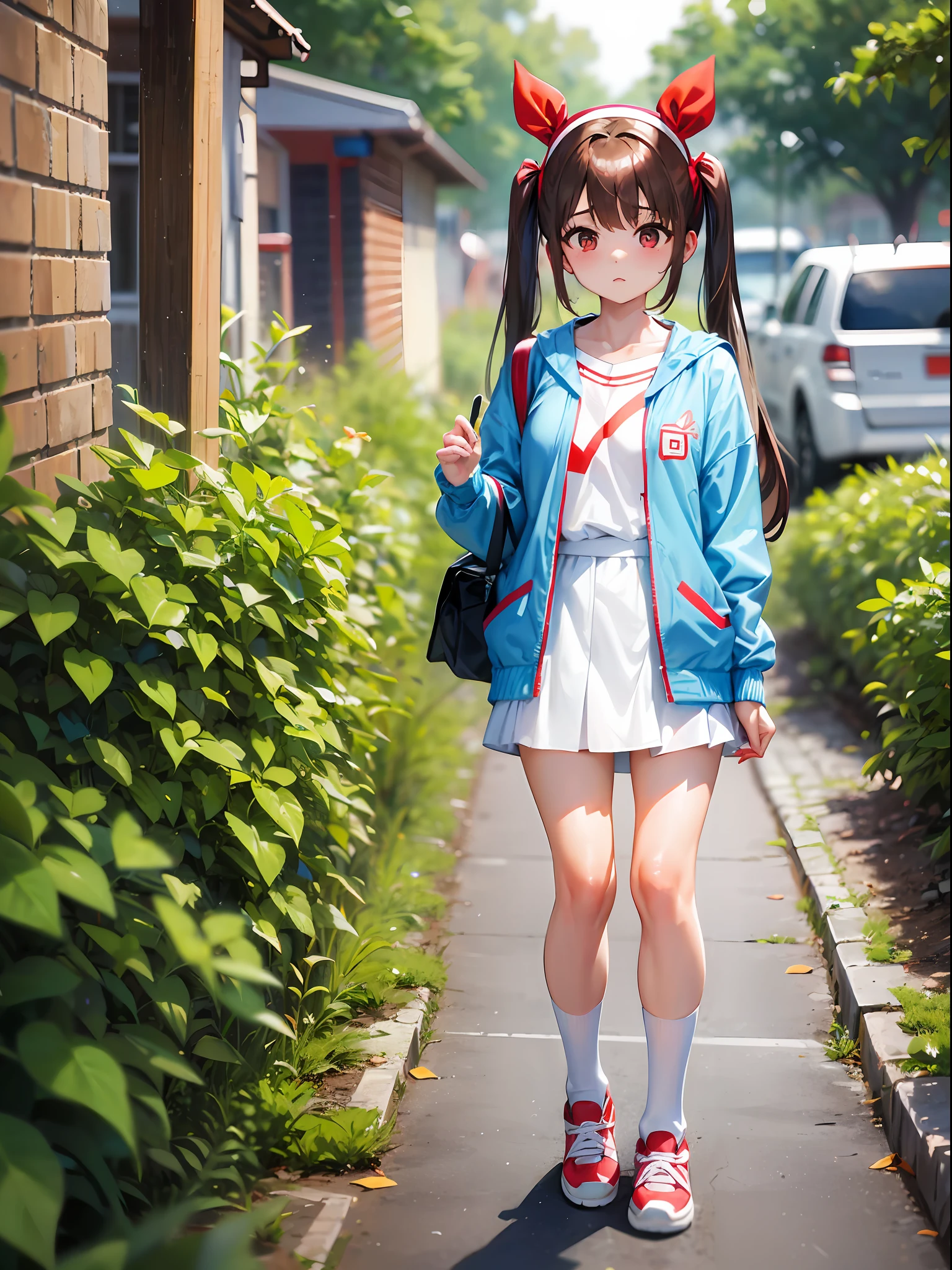 Brown hair twintails, light blue headband, white shirt, red one-piece miniskirt, white socks, red shoes, outdoors