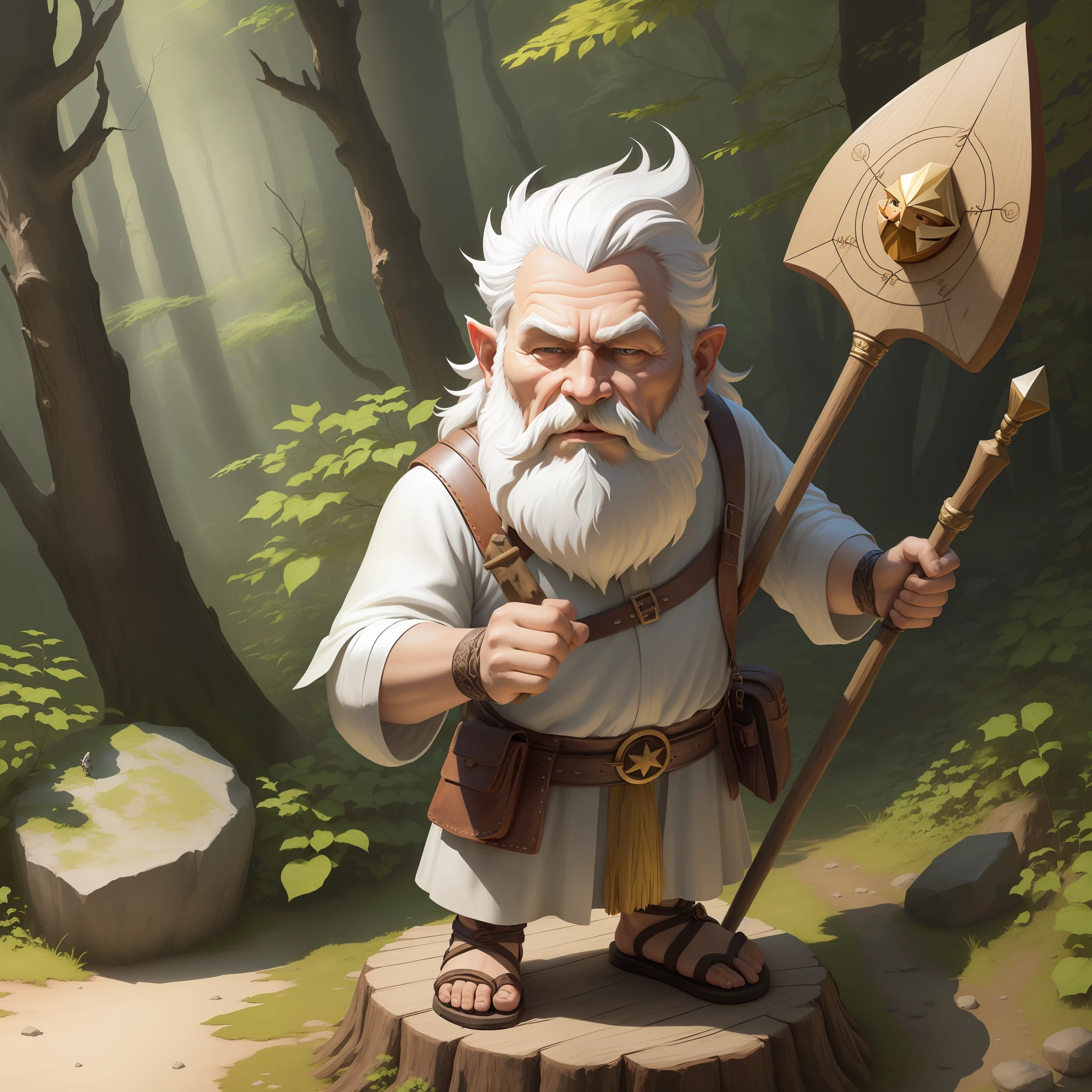 A small wizard in the forest with white beard and with wooden staff and leather sandal (chibi) cartoon