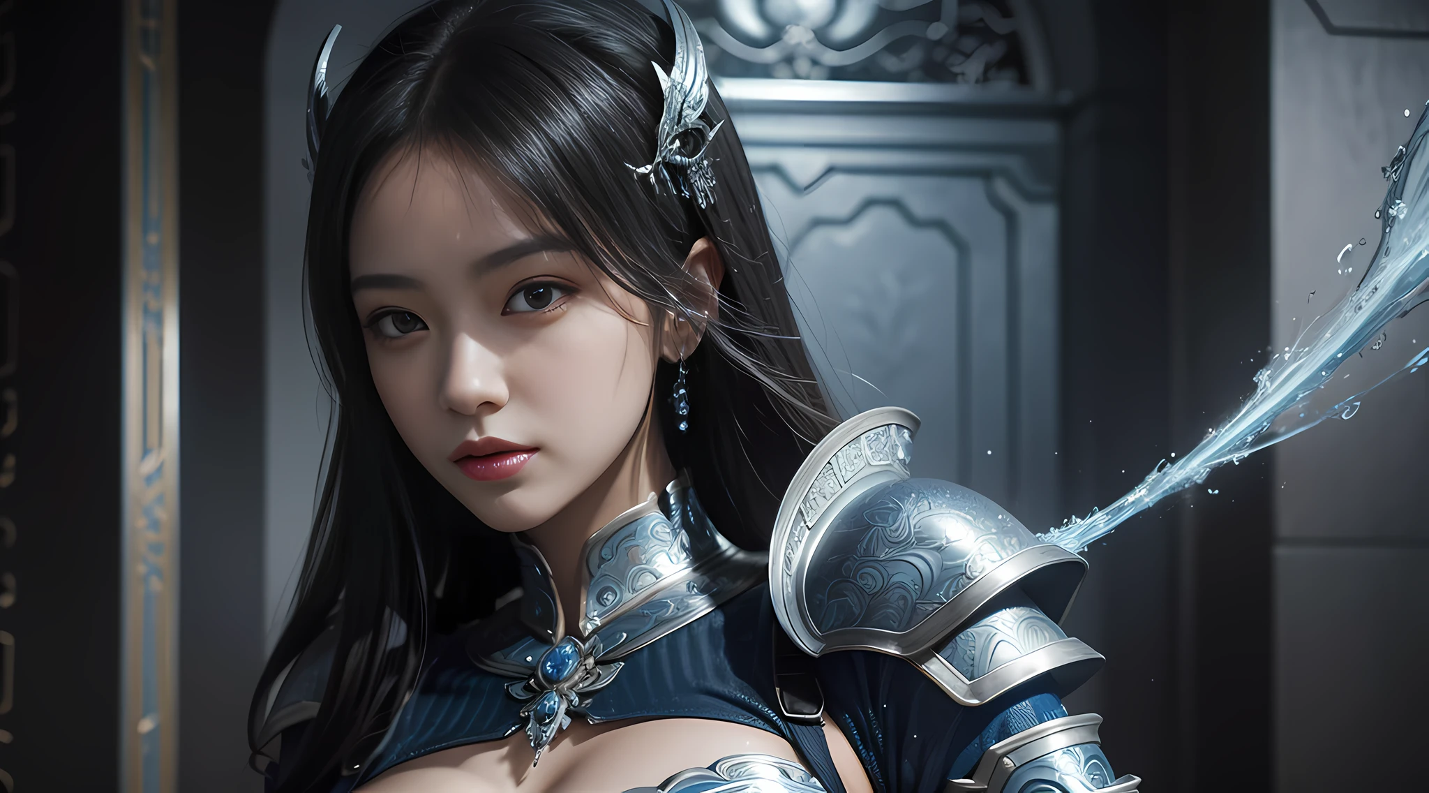 a close up of a woman in a silver and blue dress, chengwei pan on artstation, by Yang J, detailed fantasy art, stunning character art, fanart best artstation, epic exquisite character art, beautiful armor, extremely detailed artgerm, detailed digital anime art, artgerm on artstation pixiv, armor girl