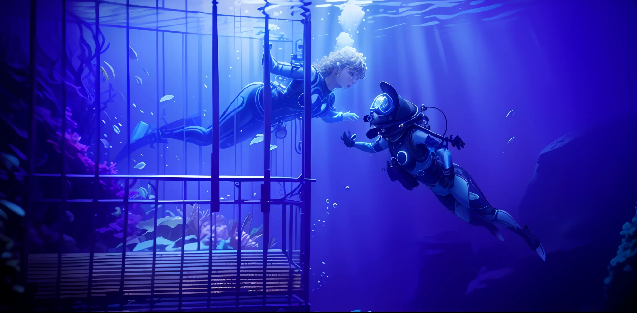 ((underwater shooting)), mature women, (masterpiece), (big vista), high quality, 4k, detailed, ((diving)), wetsuit, diving mask, bubbles, long hair, curly hair, ((underwater)), low light, night, (dark atmosphere), (trapped in an iron cage)), (huge iron cage), schools of fish, starry sky, (expression of despair: 1.2), sharp focus,