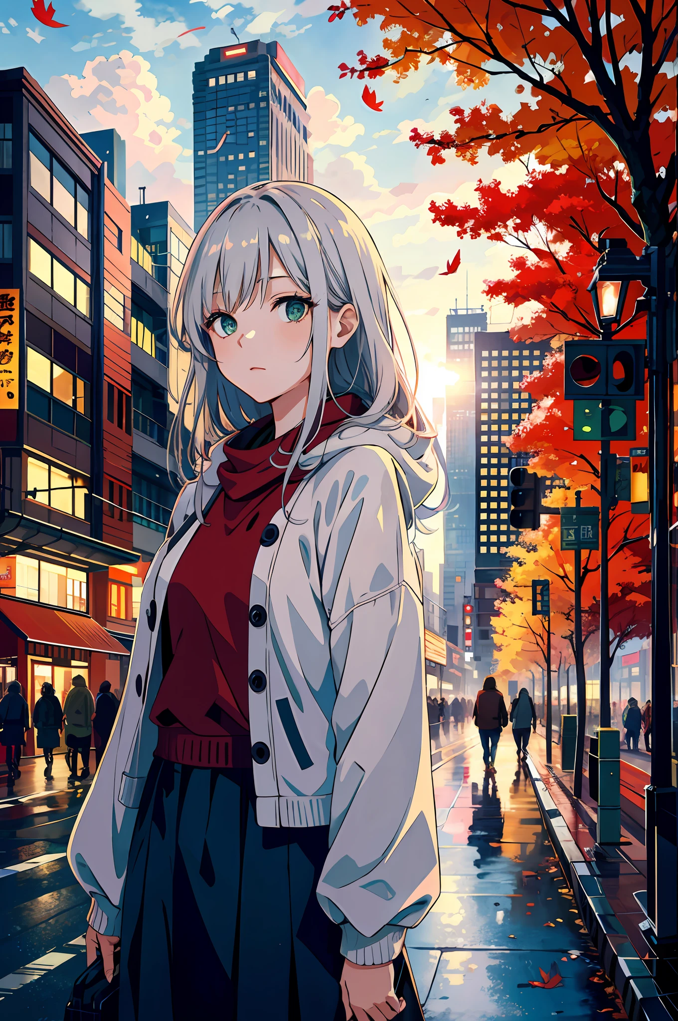 Japan, High Definition, Top Quality, Illustration, Ultra Detailed, (Detailed Face), Soft Lighting, Best Quality, Misty Glow, Dreamy Atmosphere, Ultra Detail, Masterpiece, One Girl, Solo, Redhead, Green Eyes, Knitwear, Bright Eyes, Medium Chest, (Colored), Cowboy Shot, Outdoors, Evening, Clouds, Skyscrapers in the background, Industry, Public transport, Urban, Building concrete, concrete, sidewalk, busy, tree, autumn, falling, leaves,