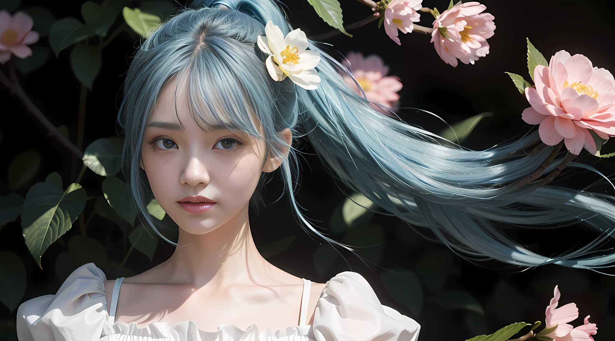 (masterpiece), (best quality), (ultra detailed),(disheveled hair),(illustration), (1girl), (Fashionable clothing), standing, Fashion model, looking at viewer, (interview), (simple background),beautiful detailed eyes, delicate beautiful face, Floating,(high saturation),(colorful splashes),colorful bubble,(shining), focus on face, ponytail, kamisato ayaka, light blue hair, bangs, hair ring, floating flowers, floating hairs, (shining), best lighting, best shadow,