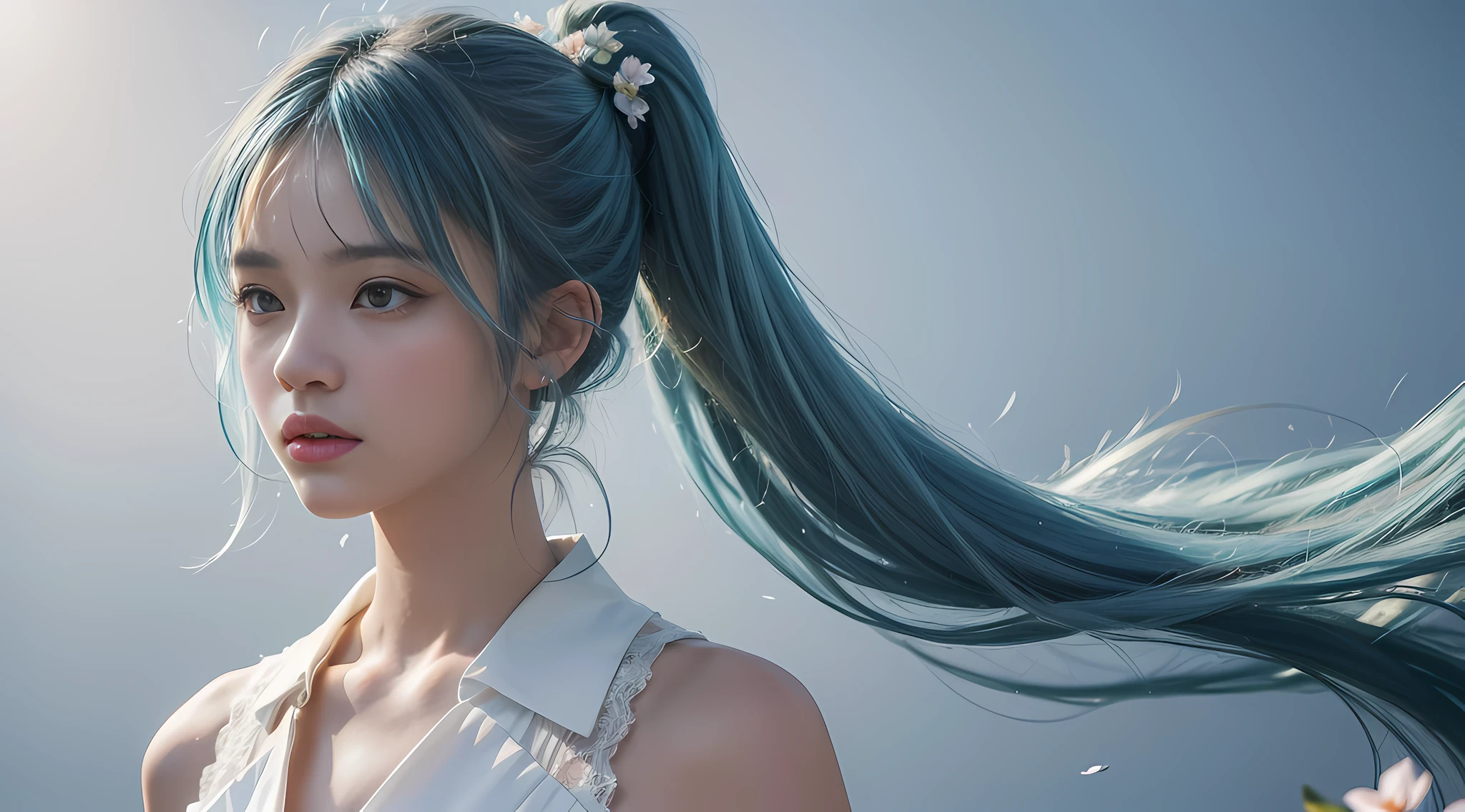 (masterpiece), (best quality), (ultra detailed),(disheveled hair),(illustration), (1girl), (Fashionable clothing), standing, Fashion model, looking at viewer, (interview), (simple background),beautiful detailed eyes, delicate beautiful face, Floating,(high saturation),(colorful splashes),colorful bubble,(shining), focus on face, ponytail, kamisato ayaka, light blue hair, bangs, hair ring, floating flowers, floating hairs, (shining), best lighting, best shadow,