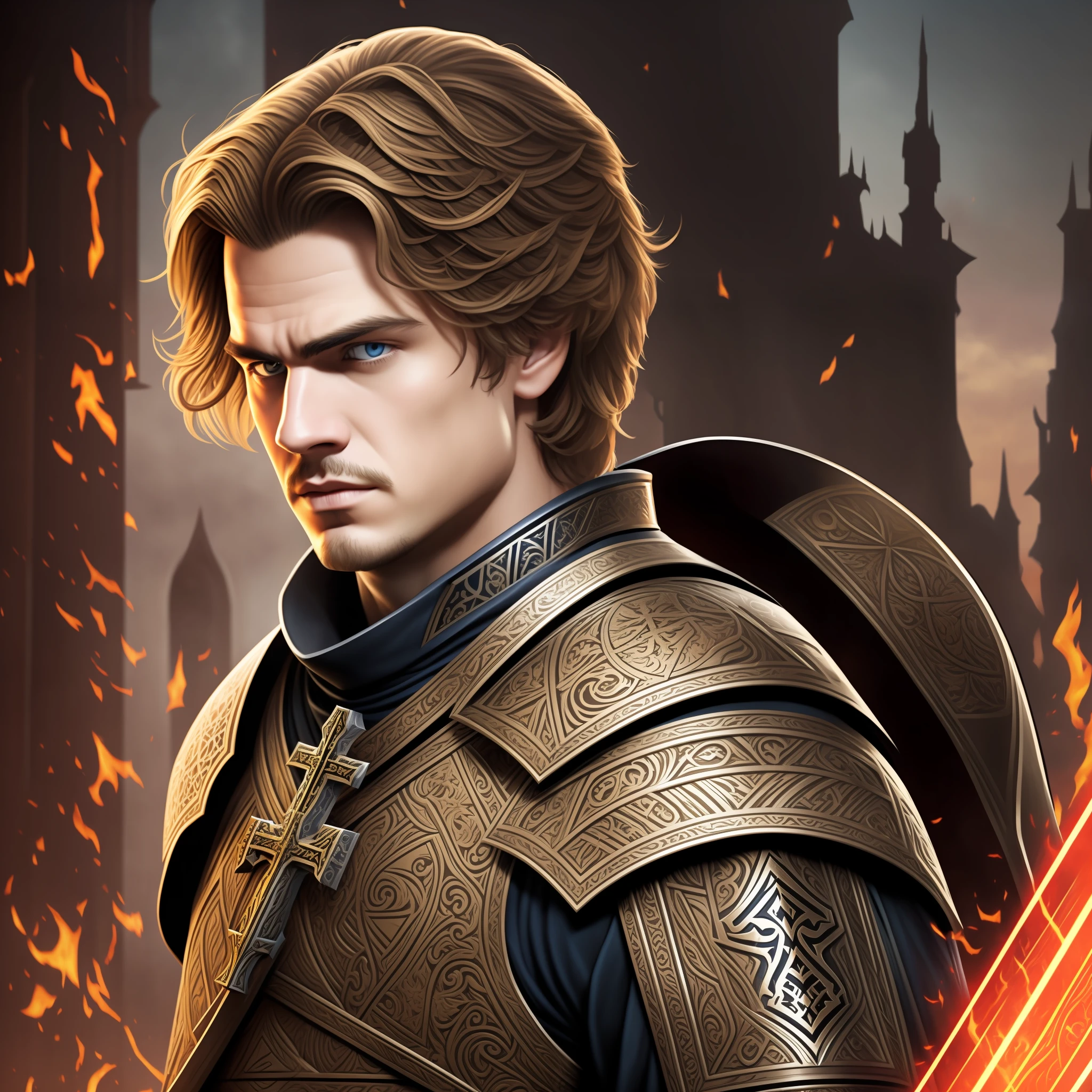 In the image, my character, inspired by the appearance of Anakin Skywalker played by Hayden Christensen. Adult man in his 30s, wearing heavy armor that has on the chest of the armor an ornate symbol a sword in the shape of a cross. This character has the serious and cold expression, he appears to be an anti hero