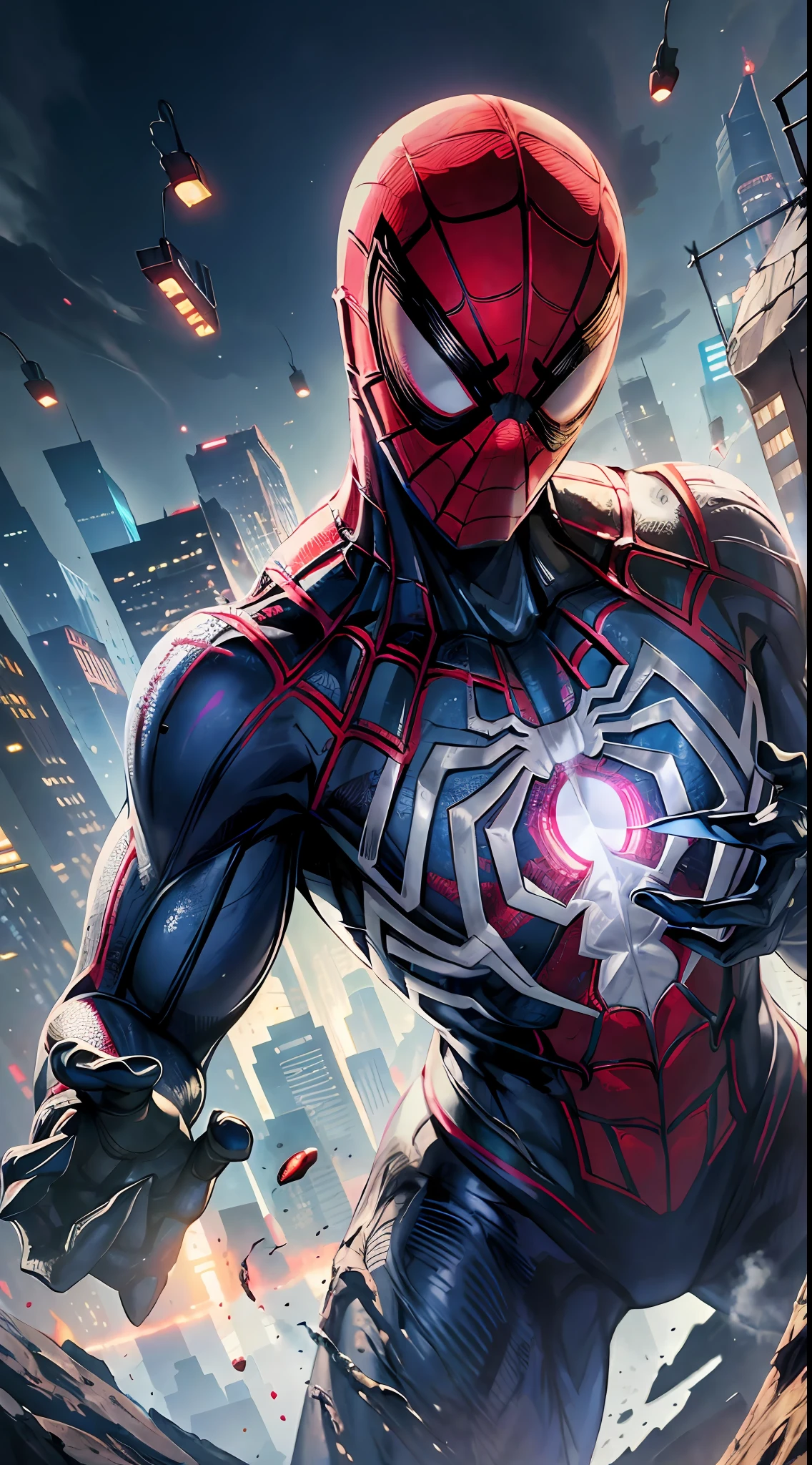 spider man, organic-looking outfit, gooey testura, symbiote, white eyes, fine art, cinematic scene, highly detailed detailed cinematic rendering, ultra photorealistic raytricing, with cinematic lighting