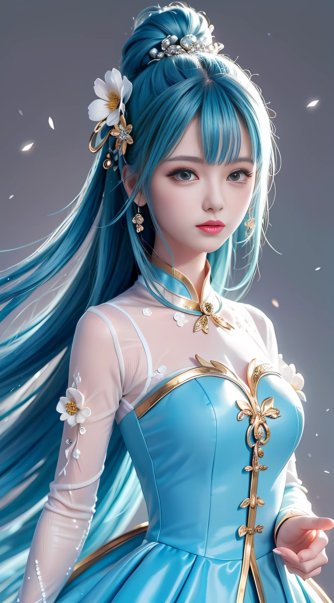 (masterpiece), (best quality), (ultra detailed),(disheveled hair),(illustration), (1girl), (Fashionable clothing), standing, Fashion model, looking at viewer, (interview), (simple background),beautiful detailed eyes, delicate beautiful face, Floating,(high saturation),(colorful splashes),colorful bubble,(shining), focus on face, ponytail, kamisato ayaka, light blue hair, bangs, hair ring, floating flowers, floating hairs, (shining), best lighting, best shadow,