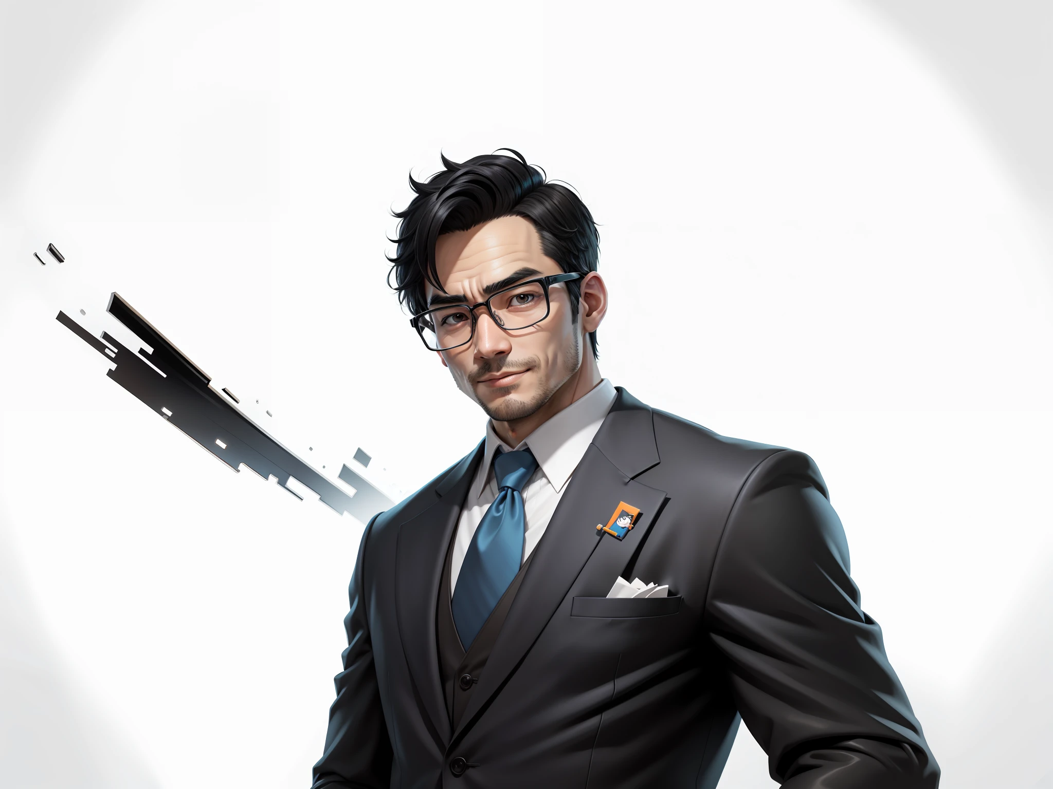 Super young, Japanese suit man, 35 years old, silver glasses, slightly chubby face, clean face, no beard on chin, black super short hair, black eyes, black suit, blue tie, confident smile, digital painting, film, 3D character design by Mark Claireden and Pixar and Hayao Miyazaki, the illustration is a high-definition illustration in 4K resolution with very detailed facial features and cartoon-style visuals.