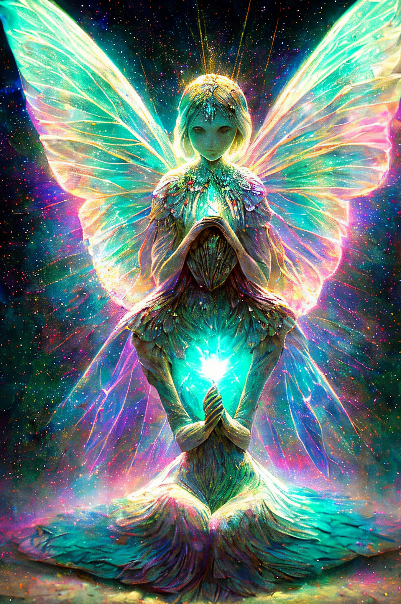 Image of a fragile woman with delicate features, sitting curled up with her hands hugging around her legs. It has butterfly wings sticking out of its back, symbolizing the idea of liberation. The image is colorful, but has a context of light that surrounds it, highlighting the delicacy and the sense of hope. The wings are visible and draw attention, representing transformation and the quest for freedom. ((best quality)), ((masterpiece)), ((realistic)), portrait, 1girl, heavenly, deity, goddess, particles of light, halo, looking at the viewer, (bioluminescent: 0.95) ocean, bioluminescent, vibrant, colorful, color, (bright, brightness), (beautiful composition), cinematic lighting, intricate, (symmetrical: 0.5), capricious,