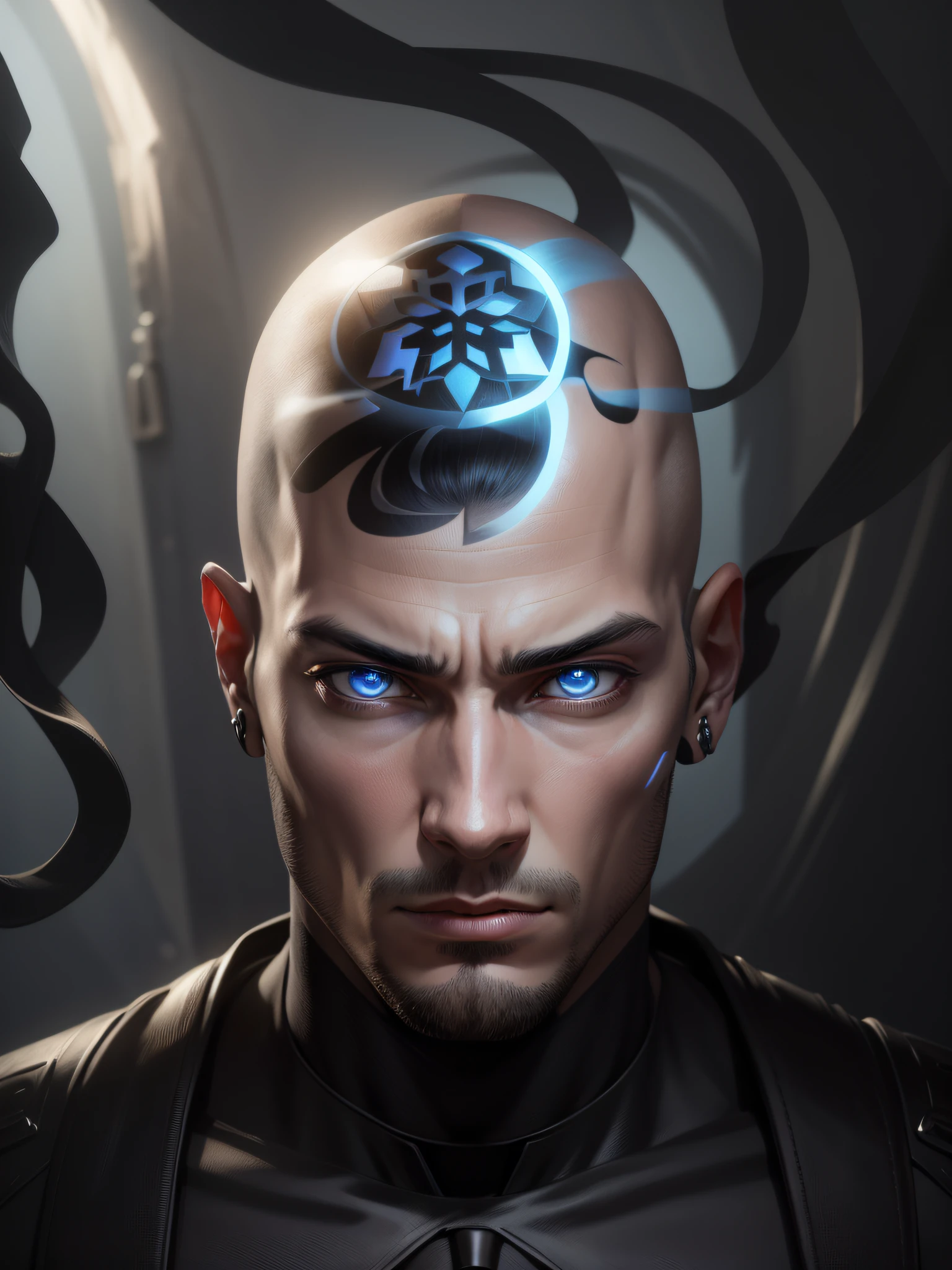 a closeup of a bald 21-year-old man with a black shirt and tie, male humanoid portrait, highly detailed head, realistic face and hybrid body, detailed humanoid, extremely detailed face and body, detailed bright head, detailed face of an android, unreal motor blue face, realistically proportioned head, face is highly detailed, with very detailed face, humanoid face --auto --s2