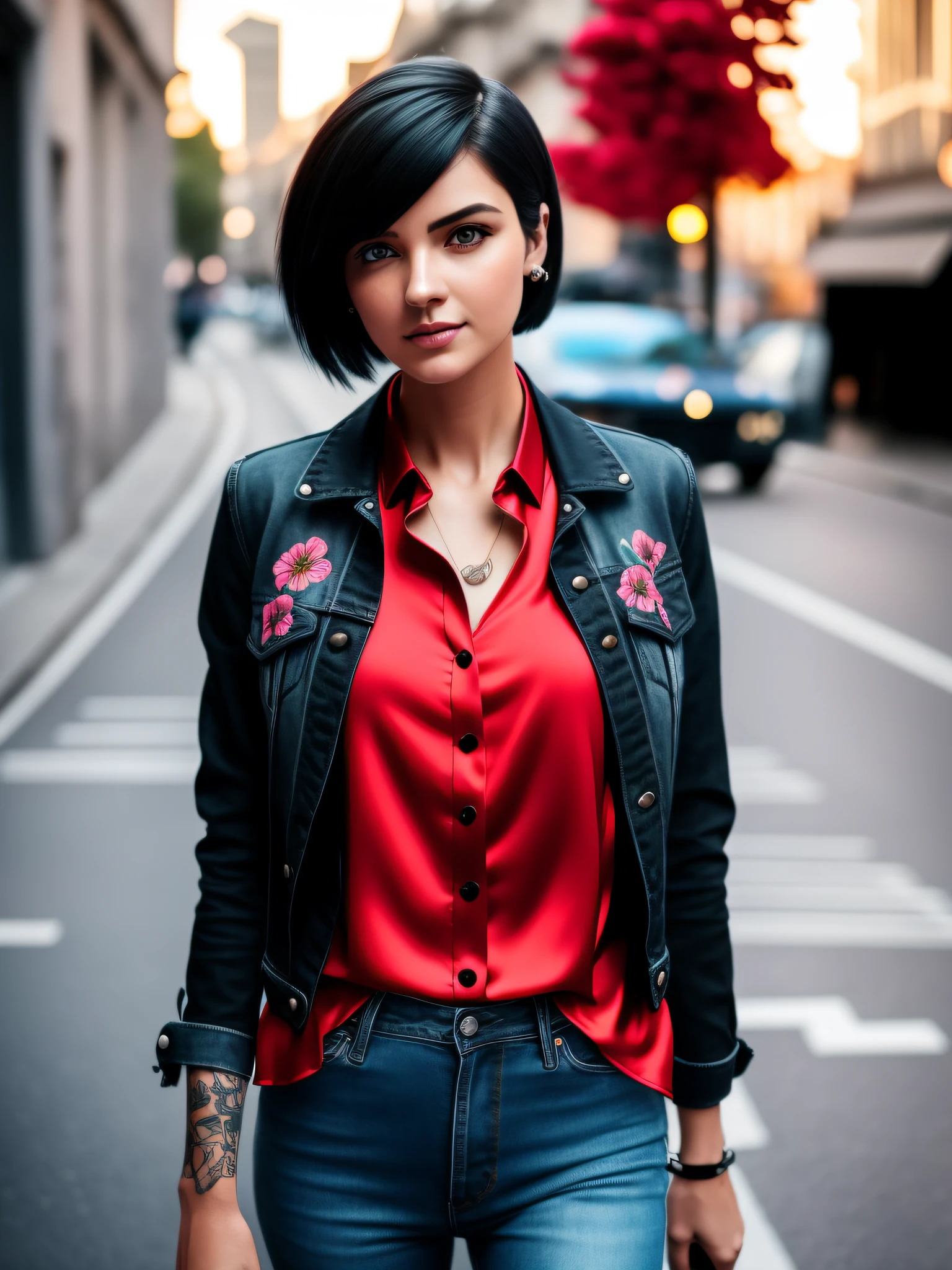 street girl, modern style dress, dressed in red silk blouse, with black denim jacket with buttons, no bra underneath, black jeans, with short black hair, a tattoo of flowers on the arm, green eyes, ((full body)), ((perfect face)),((perfect iris eyes)), walking in the city by day, on street with some cars and walls with graffiti art,  Social realism, Realism, ray tracing, reflection light, high quality, high details, super detail, 8k, 16k, best quality