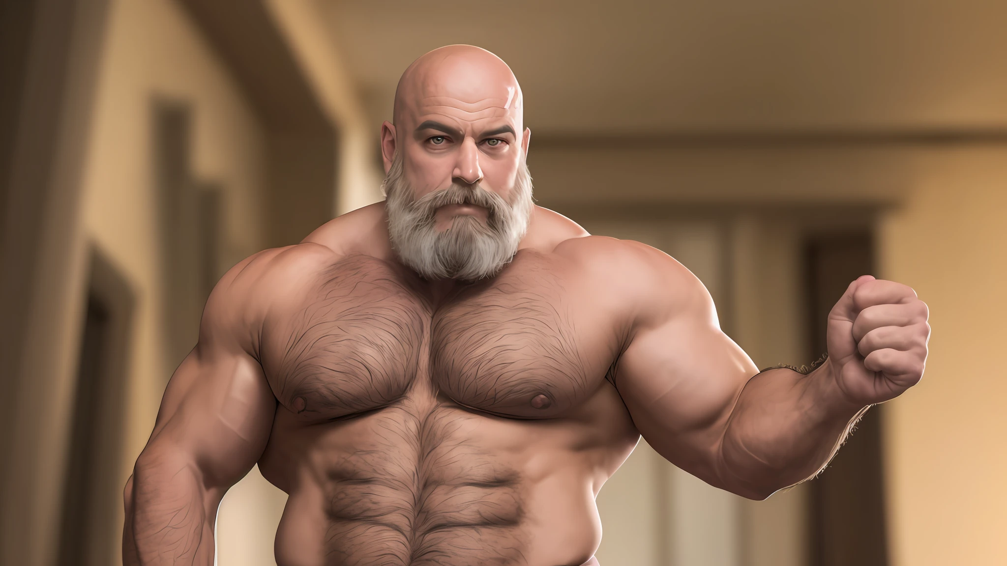 A full body photoof a bald mid age very strong man, hairy chest and abdominal wearing a teard shorts showing his huge legs muscles, hairy pubis, very detailed, shot on a Nikon Z7 II and Nikon NIKKOR Z 105mm f/2.8 VR S, chiaroscuro, hyperrealism, luminism, hd, 4k, 8k, best quality, UHD, masterpiece, super detail, best quality --auto --s2