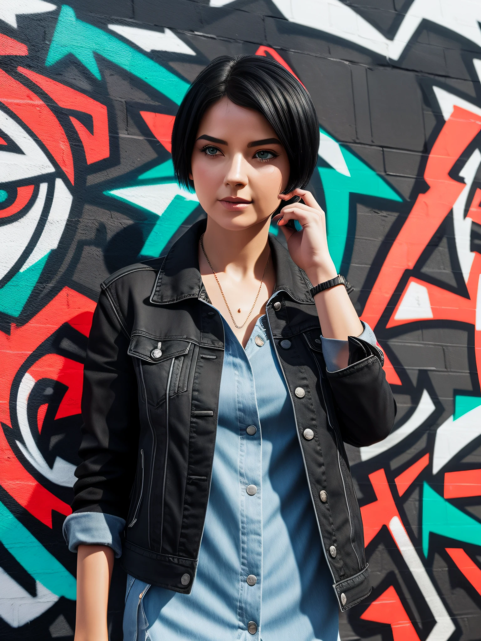 street girl, modern style dress, dressed in red silk blouse, with black denim jacket with buttons, no bra underneath, black jeans, with short black hair, a tattoo of flowers on the arm, green eyes, ((full body)), ((perfect face)),((perfect iris eyes)), walking in the city by day, on street with some cars and walls with graffiti art,  Social realism, Realism, ray tracing, reflection light, high quality, high details, super detail, 8k, 16k, best quality