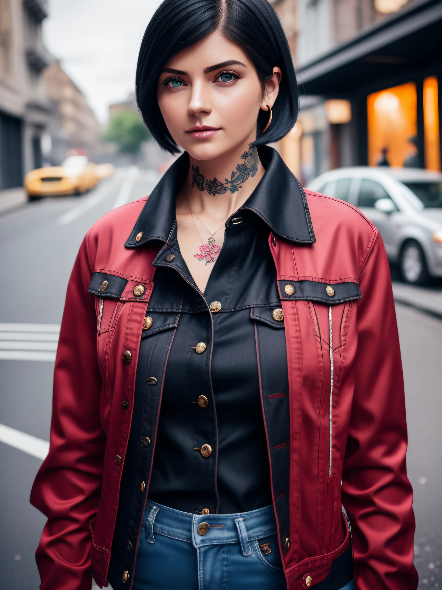 street girl, modern style dress, dressed in red silk blouse, with black denim jacket with buttons, no bra underneath, black jeans, with short black hair, a tattoo of flowers on the arm, green eyes, ((full body)), ((perfect face)),((perfect iris eyes)), walking in the city by day, on street with some cars and walls with graffiti art,  Social realism, Realism, ray tracing, reflection light, high quality, high details, super detail, 8k, 16k, best quality