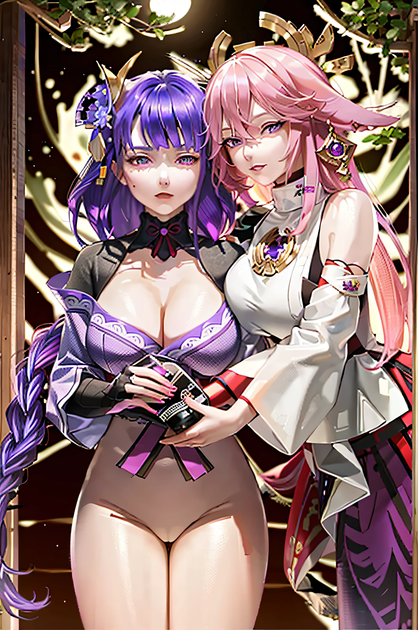 masterpiece, best quality,multiple girls, breasts, 2girls, yae miko, raiden shogun, purple eyes, pink hair, japanese clothes, purple hair, large breasts, long hair, cleavage, hair ornament, thighs, purple kimono, thighhighs, bangs, animal ears, detached sleeves, fox ears, wide sleeves, kimono, moon, weapon, braid,(kbxll:0.8)