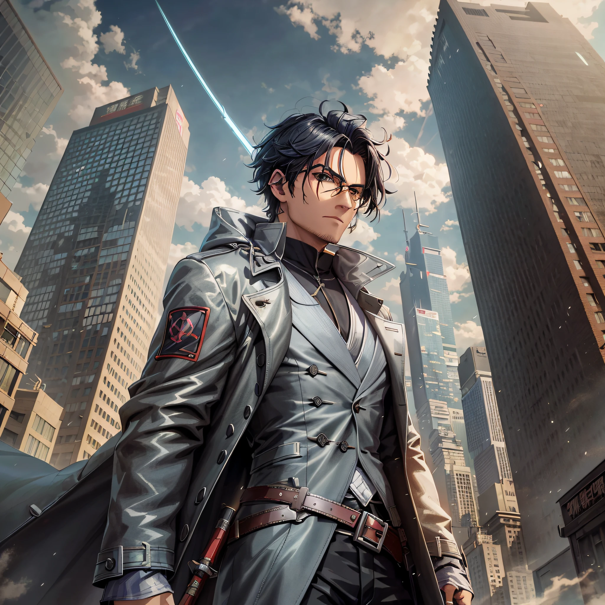 anime character in a city with skyscrapers and a sky background, stylized urban fantasy artwork, steel inquisitor from mistborn, digital cyberpunk anime art, modern cyberpunk anime, makoto shinkai ( apex legends ), centralized urban fantasy, digital cyberpunk - anime art, ross tran and bayard wu, cyberpunk hero, harry potter in cyberpunk, cyberpunk anime art