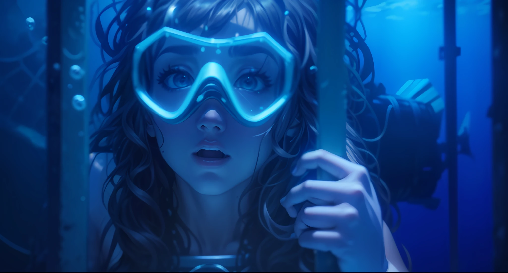 ((underwater shooting)), mature women, (masterpiece), (big vista), high quality, 4k, detailed, ((diving)), wetsuit, diving mask, bubbles, long hair, curly hair, ((underwater)), low light, night, (dark atmosphere), (trapped in an iron cage)), (huge iron cage), schools of fish, starry sky, (expression of despair: 1.2), sharp focus,